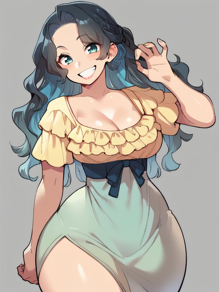 score_9, score_8_up, score_7_up, score_6_up, 1girl, milf, long wavy hair, dress, cleavage, sleepwear, medium breasts, narrow waist, wide hips, thick thighs, looking at viewer, cowboy shot, cartoon, dynamic pose, smile, cute, wide shot, simple background, solo,<lora:AgawaRyoXLP_Style:1> AgawaRyoXLP