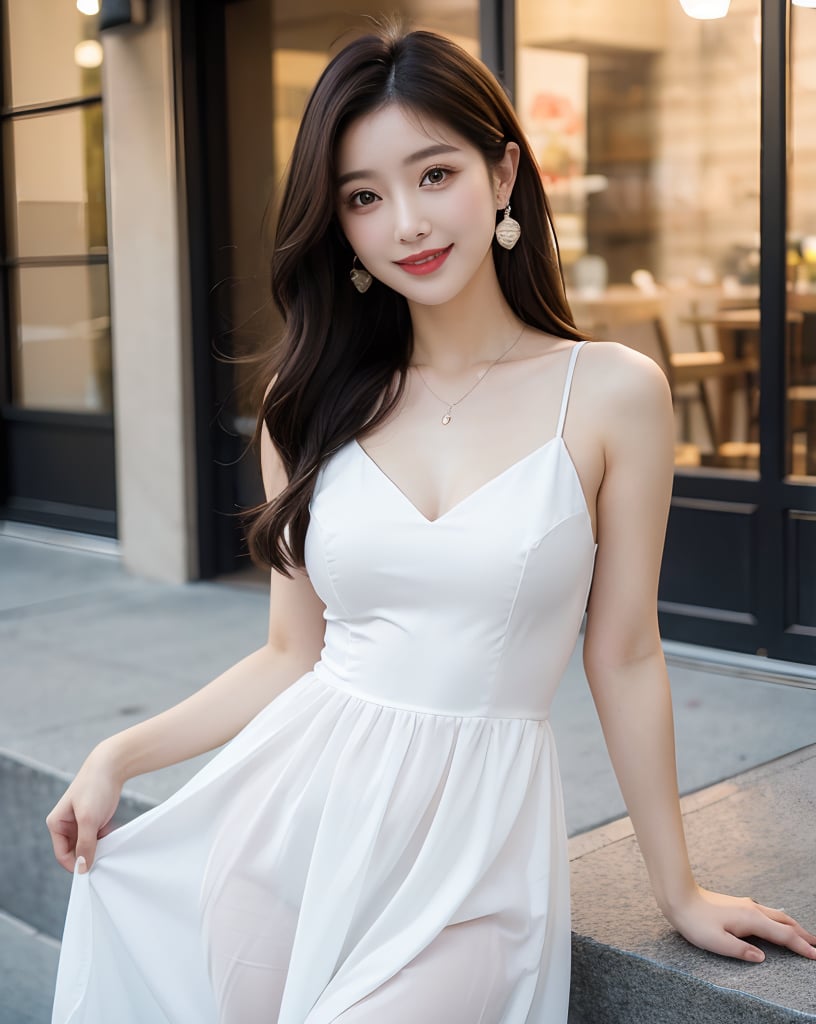 best quality,masterpiece,ultra high res,1girl,black hair,brown hair,denim,dress,earrings,heart earrings,korean clothes,lips,long hair,looking at viewer,pink rose,realistic,sleeveless,smile,solo,white dress,medium breasts,