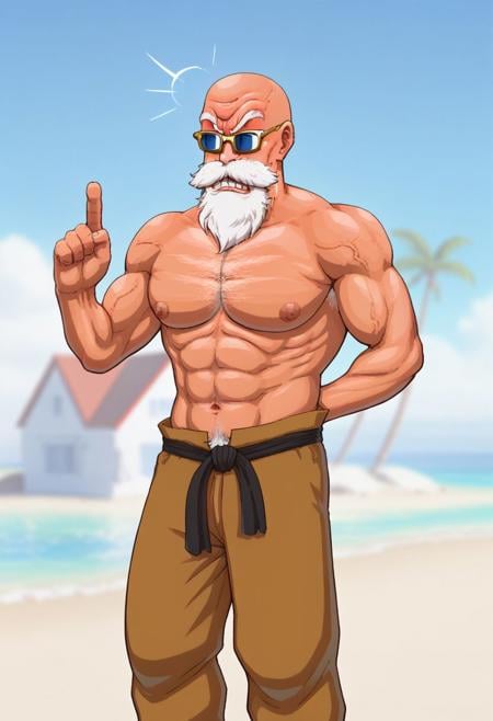 master roshi, old man, white mustache and beard, glasses,muscular,hunk,standing, trousers,beach backgorund,male focus, solo