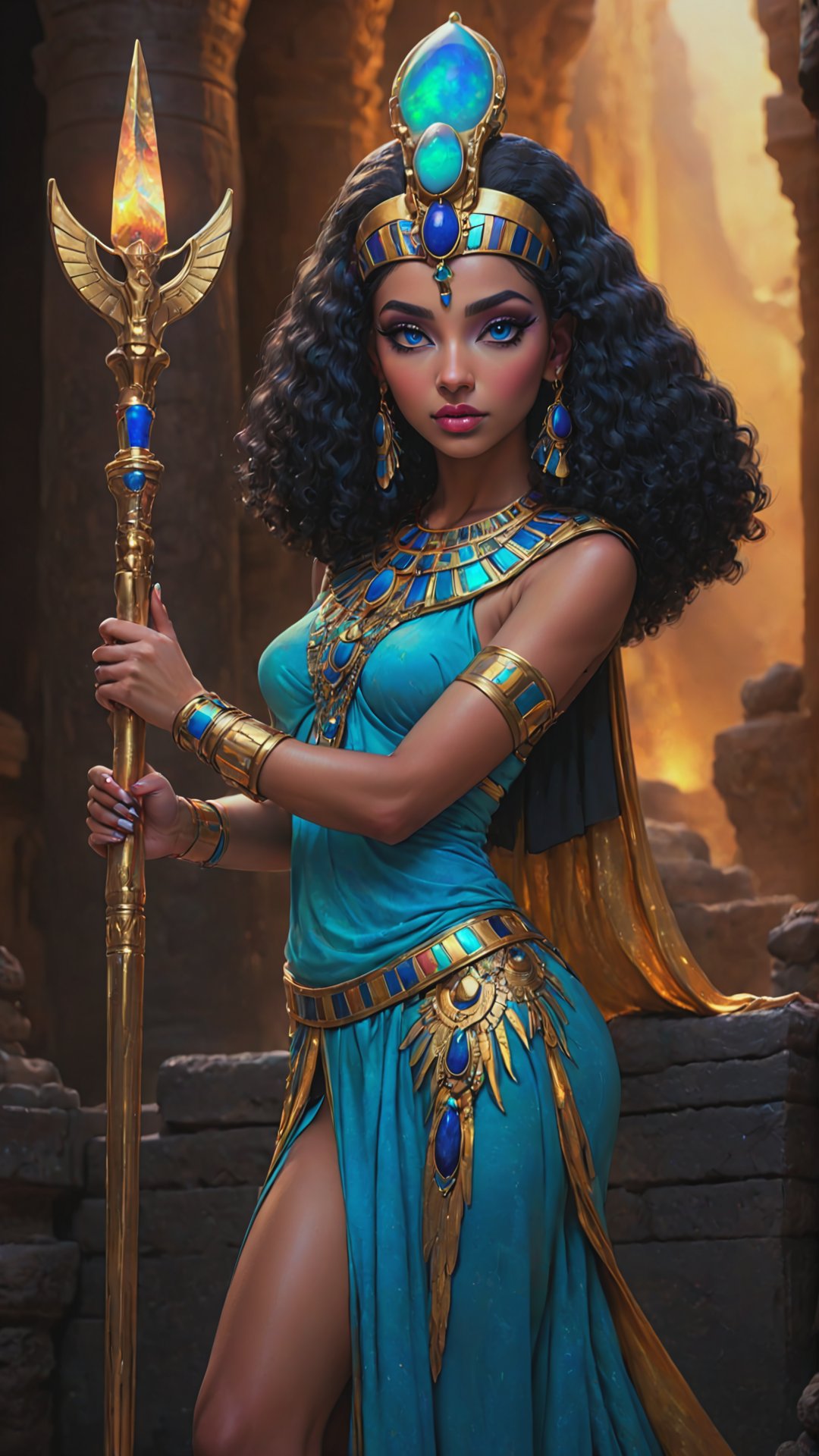 a Cleopatra in a huge Egyptian temple, hold in hands long scepter, Glam Makeup, blue Eye Shadow, culture, full body, liquide gold and opal, colorful, dark noir, realistic, best quality, sharp focus, shallow depth of field detailed lava cave background, 16k. <lora:IOS_Iridescent_opal_style:0.8>