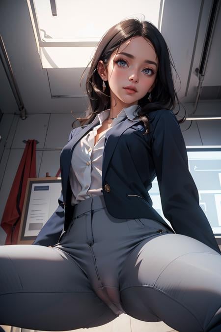 masterpiece, best quality,Ray tracing, hdr, volumetric lighting,1girl,Corporate executive with sleek straight black hair, piercing gray eyes, a pointed nose, and angular cheekbones. She dons a tailored navy blue pantsuit with a crisp white blouse,<lora:From_Below_FefaAIart:1>, from below, low angle shot, ass focus, panties, spread legs,