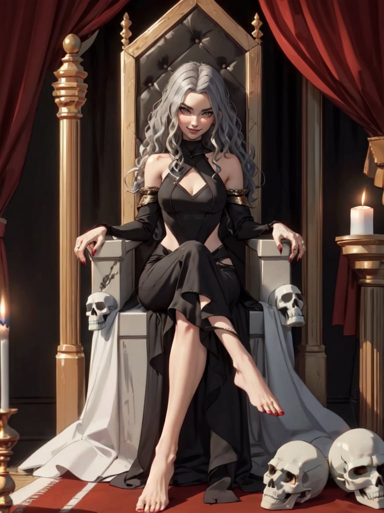 evil princess, candle_light, skulls, sitting, looking at viewer, throne, 1girl, demon girl, red nails, glowing eyes, crossed legs, long hair, smile, full body, royalpresencecheek, royalpresence, royalpresencearms, arms on armrest, detached sleeves, barefoot, perfect feet feet, perfect hands hands, [ embedding:dv_people\DV_Gwen_Vicious : 1.00 ], masterpiece, high quality, gorgeous,