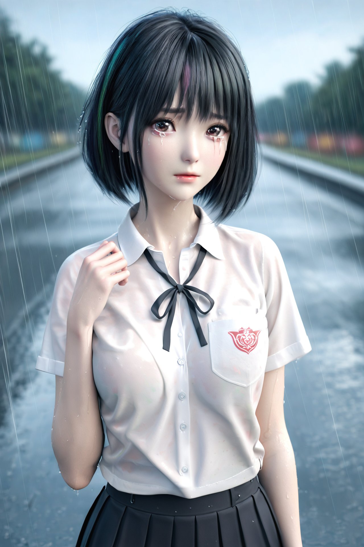 (masterpiece),(best quality),illustration,ultra detailed,hdr,Depth of field,(colorful),realistic,1girl,solo,black hair,rain,shirt,looking at viewer,white shirt,skirt,short sleeves,short hair,black skirt,tears,ribbon,collared shirt,wet clothes,black ribbon,wet,neck ribbon,school uniform,breast pocket,crying,outdoors,pocket,upper body,closed mouth,blurry background,bob cut,blurry,crying with eyes open,pleated skirt,hand up,