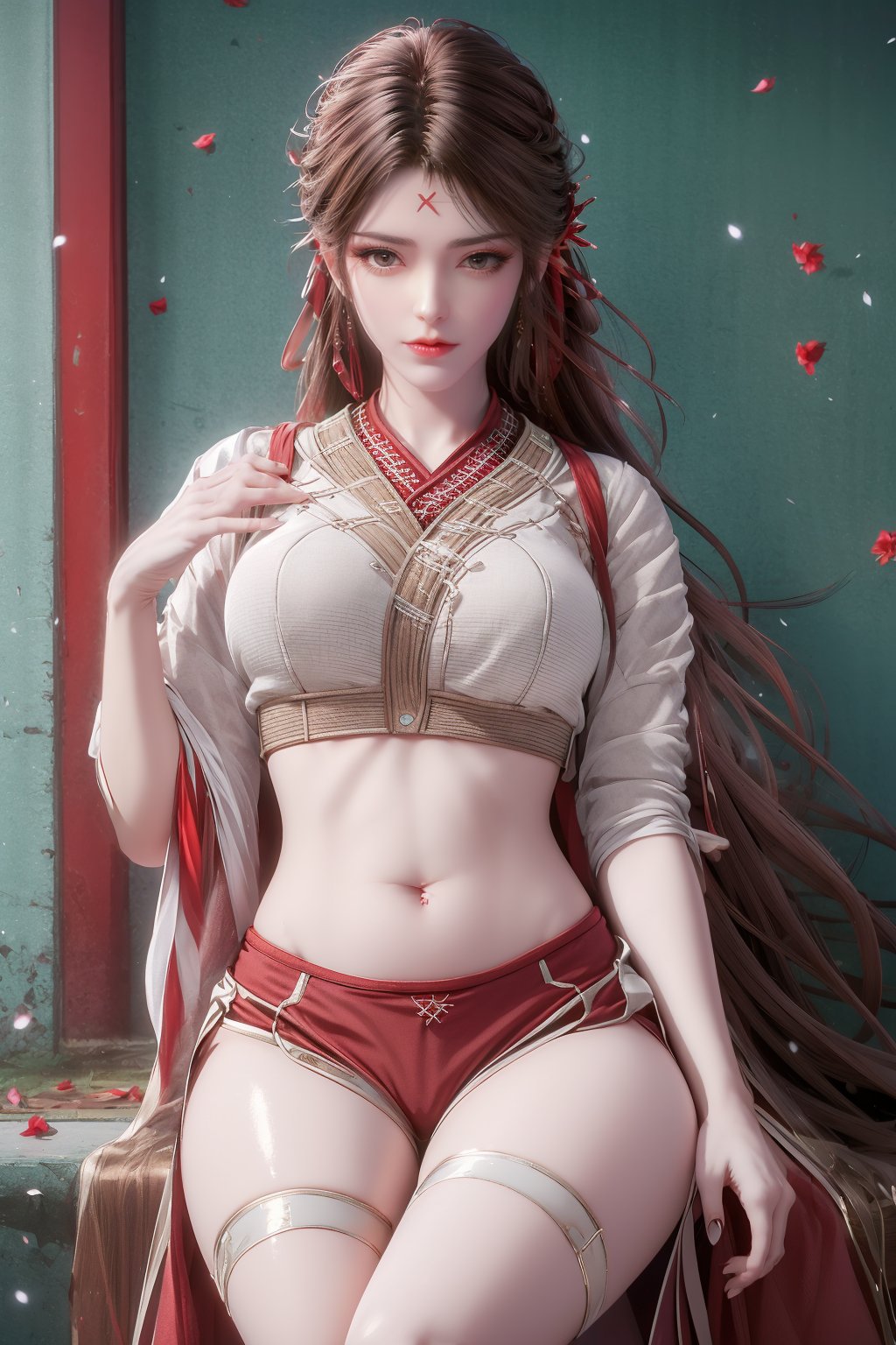 8k,RAW photo,best quality,masterpiece,hatching (texture),skin gloss,light persona,artbook,extremely detailed CG unity 8k wallpaper,official art,(high detailed skin),glossy skin,contrapposto,female focus,sexy,fine fabric emphasis,wall paper,1girl,solo,red_lips,makeup,very long hair,hair ornament,midriff,navel,fate/stay night,(red theme:1.4),depth of field,blue circle,snow,petals,branch,y-hd,s-hd,<lora:0405采桑女64:0.8>,ll-hd,<lora:1111白皙质感:0.5>,ty-hd,<lora:0110田野:0.6>,