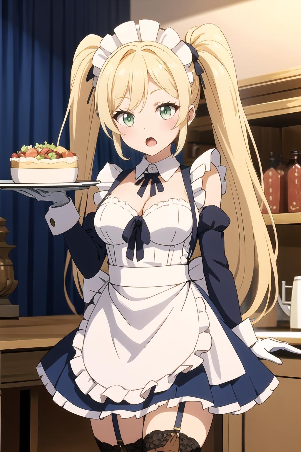 thighhighs, garter straps, blonde hair, 1girl, twintails, panties, underwear, tray, multiple boys, long hair, detached sleeves, maid headdress, frills, green eyes, bare shoulders, indoors, maid, collarbone, standing, black panties, open mouth, apron, food, breasts, parfait, holding, hair ornament, hair bobbles, pantyshot, holding tray, skirt, :o, sidelocks, legs apart, gloves, frilled apron, <lora:Platinum_Anime_Hentai_CG_Helper_R2.3:1>