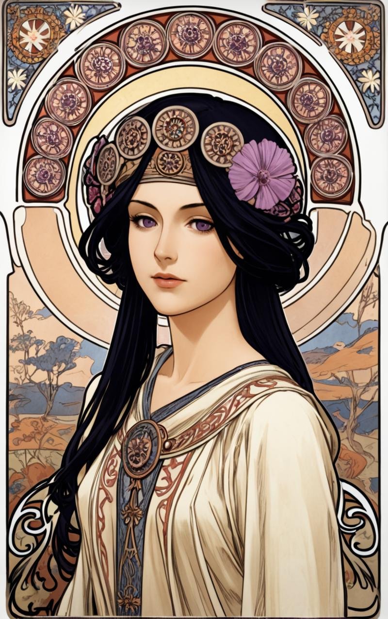 <lora:Mucha:1> mucha, art nouveau,black and red,purple eyes, black hair, 1girl,