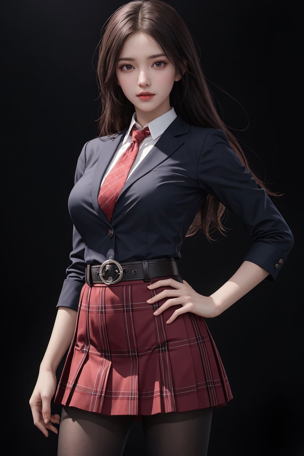 masterpiece,best quality,official art,extremely detailed CG unity 8k wallpaper,realistic,light rays,light particles,1girl,solo,skirt,pantyhose,plaid skirt,black hair,long  hair,pantyhose,standing,day,(simple background:1.2),necktie,dynamic pose,looking at viewer,cowboy shot,breasts,hand on hip,belt,lips, <lora:jk美女:0.8>