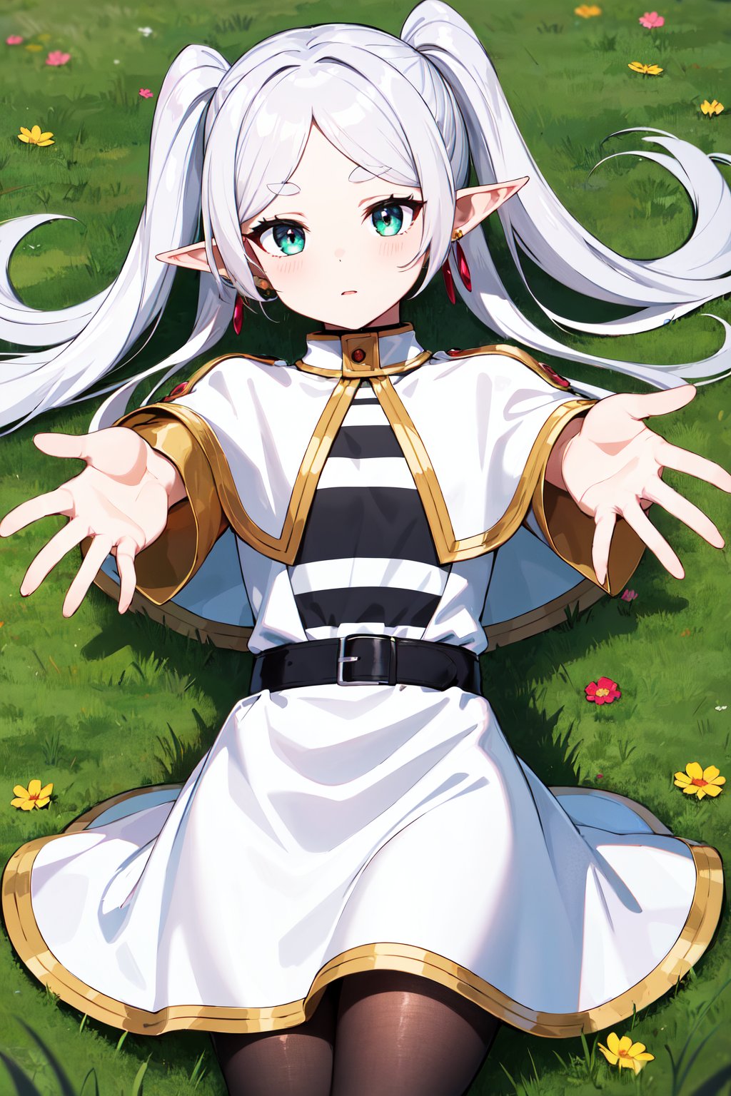 masterpiece, best quality, highres, aafrie, long hair, white hair, twintails, pointy ears, earrings, thick eyebrows, white capelet, striped shirt, long sleeves, belt, white skirt, black pantyhose, <lora:frieren_v1:0.7>, reaching out, lying, grass
