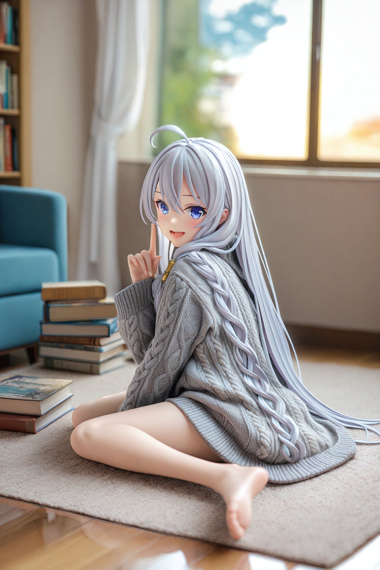 masterpiece,best quality,illustration,ultra detailed,hdr,Depth of field,(colorful),PVC Style,Realism,1girl,long hair,elaina (majo no tabitabi),solo,barefoot,ahoge,sweater,sitting,looking at viewer,smile,indoors,wariza,blue eyes,blurry,open mouth,book,grey hair,blurry background,bare legs,long sleeves,reflection,feet,hair between eyes,window,grey sweater,index finger raised,cable knit,aran sweater,:d,toes,legs,artist name,full body,very long hair,soles,