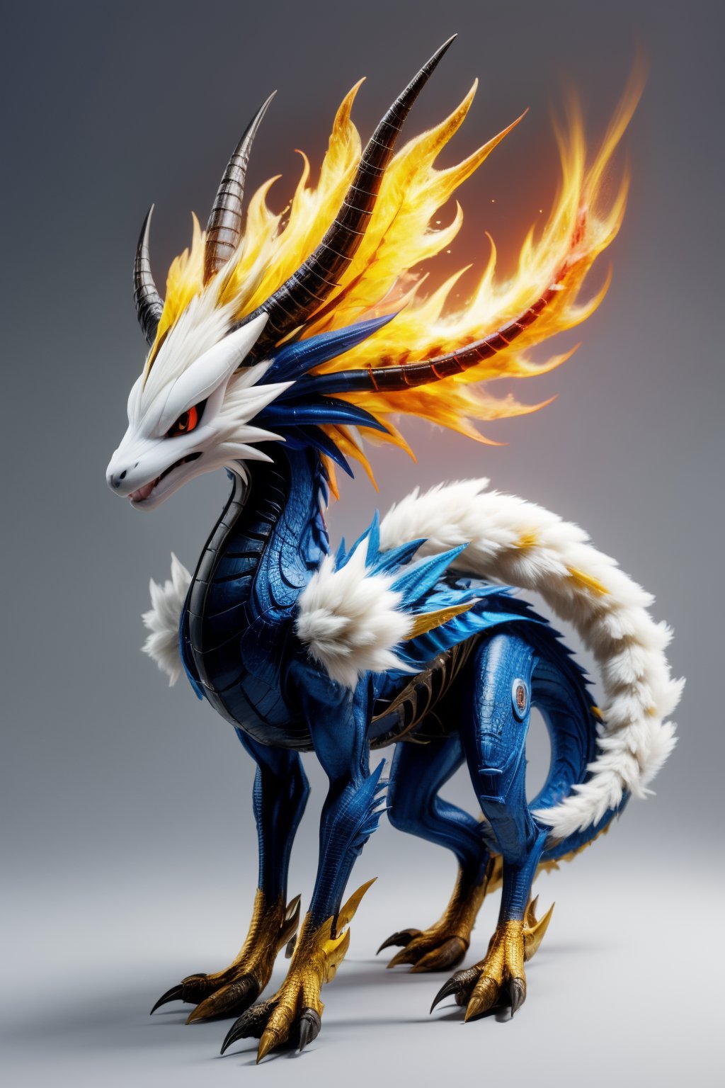 no humans, solo, animal focus, colored sclera, full body, standing, pokemon \(creature\), horns, claws, closed mouth, simple background, from side, tail, grey background, gradient background, blue eyes, dragon, fire, black sclera, white fur, yellow sclera, orange eyes
