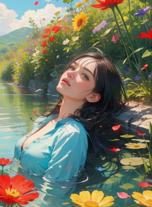 1 girl,facing up, golden long hair,swimming under water, blue clothes, red rose petals floating on the water surface, surrounded by flowers, looking at viewer,(flowers:1.2), summer sun shine, dawn, sun, sky, stars in sky, outdoor, CG,cowboy shot,  (((masterpiece:1.2))),(((bestquality))),(((finely detailed))),(extremely detailed CG),(ultra-detailed,bestshadow:1.1),(((scenery))), 8K wallpaper, UHD, HDR, , 