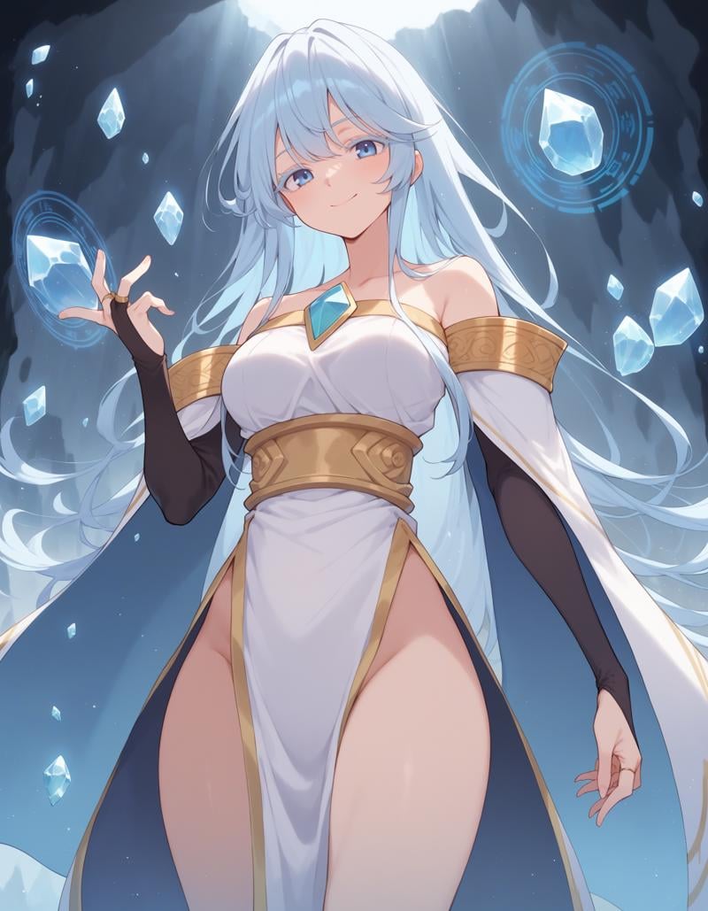 (score_9, score_8_up, score_7_up, score_6_up, score_5_up, score_4_up), best quality, masterpieceBREAKelfaria_olis, 1girl, solo, light blue hair, long hair, colored eyelashes, blue eyes, chest jewel, off-shoulder dress, yellow sash, side cape, bridal gauntlets, pelvic curtain, cowboy shot, looking at viewer, smile, closed mouth, cryokinesis, casting spell, magic circle, hand upBREAKice, ice crystal, ice shard, ice flower, aura, magic, cave, dark<lora:elfaria_Wistoria_ponyxl_v1_char:1>