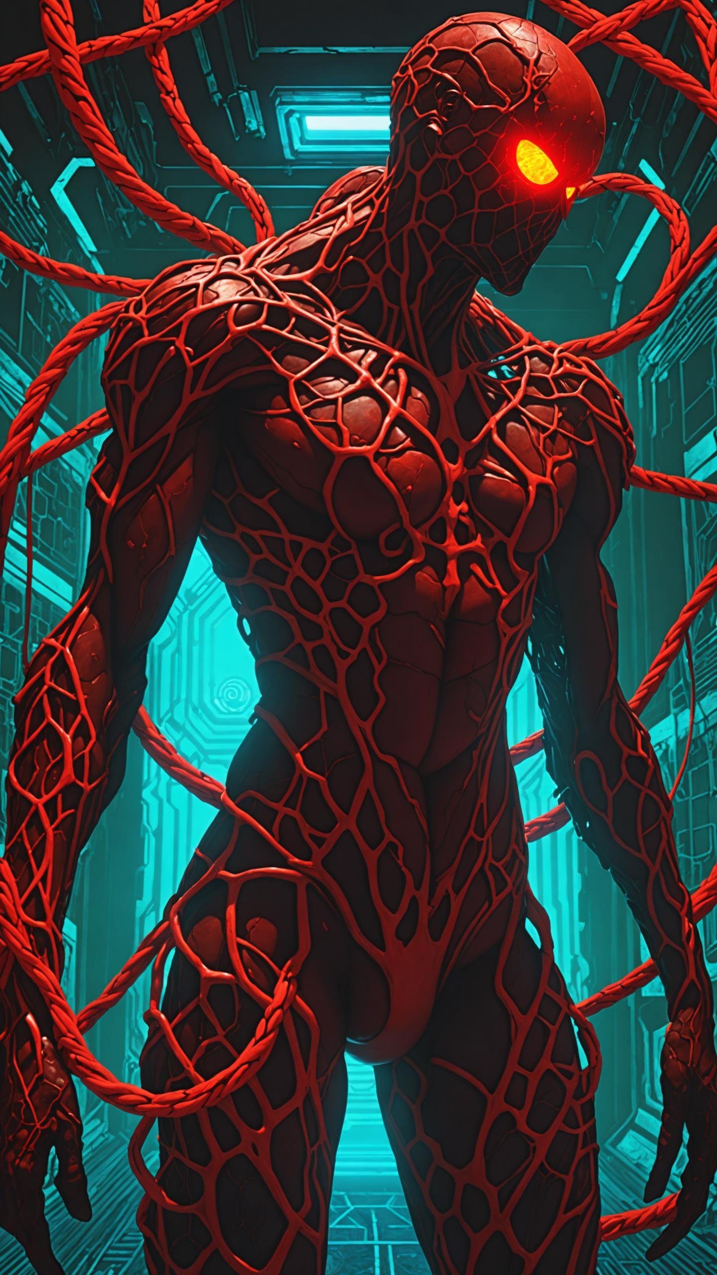 a cybermutant flesh mutant made of pulsating flesh and biomechanical limbs, hyper mutant girl, fusion of flesh and machine, quivering tumors, fleshy growths, mutagenic, cybernetic hoses, wires, anime style, 2d, fighting game style masterpiece, best quality, ultra realistic, 32k, RAW photo, detail skin, 8k uhd, dslr, high quality, film grain,\nShort and messy hair, dynamic, vibrant, action-packed, detailed character design, reminiscent of fighting video games, black bloody veins growing and intertwining out of the darkness, oozing thick neon rainbow blood, veins growing and pumping blood, vascular networks growing, connecting, expanding, red veins everywhere, zdzislaw beksinski, (vibrant colors:1.1), (Infrared:1.2), Rust, Hypercube, ultra detailed, intricate, oil on canvas, ((dry brush, ultra sharp)), (surrealism:1.1), (disturbing:1.1), beksinski style painting, sparks, lens flare, rim lighting, backlighting, RTX, Post Processing, satanic cross, man body, muscular, venom costume, (japanese portal), death shadow nightmare ethereal beast, floating into the abyssal heights, nebula, cinematic, dreaming, Film light, bathing in light, very sharp focus, Hyper detailed, Hyper realistic, masterpiece, spiritual, surreal, atmospheric, maroon cream bronze, High resolution, Vibrant, High contrast, dark angle, 8k, HDR, 500px, dystopian