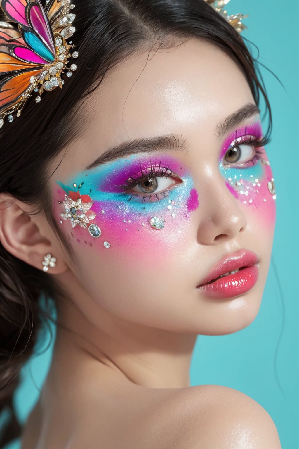 masterpiece,best quality,ultra high res,1girl,colorful tashan makeup,upper body,<lora:20240401caizhuang-v1.2:0.7>,Buckeye Butterfly headdress,clean background trending,Crystal texture,Medium Close-Up,