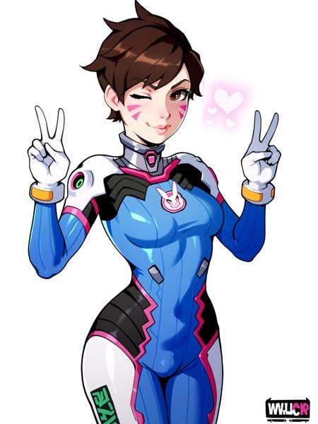 score_9, score_8_up, score_7_up, score_6_up, score_5_up, score_4_up,BREAK1girl, d.va \(overwatch\), brown hair, short hair, tomboy, facial mark, brown eyes,BREAKsolo, standing, bodysuit, peace sign, wink,BREAKwhite background, simple background, angled shot, dynamic pose, dynamic angle, <lora:Lunas-Owler-SDXL-A1:1>