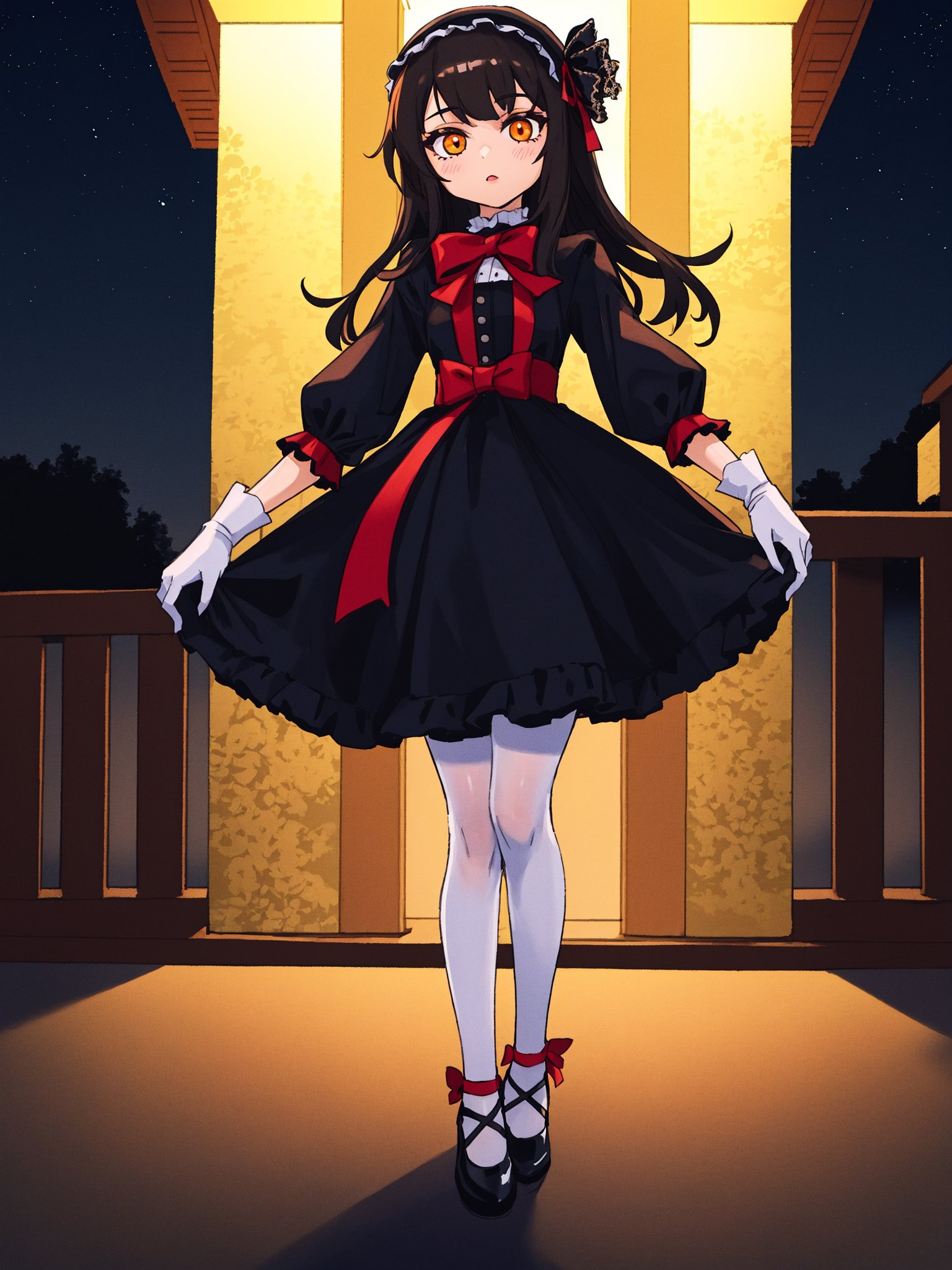 highres,detailed,best quality,masterpiece,illustration,wallpaper,1 girl, confident, outdoors, at night, standing, straight-on, black gothic Lolita, dark hair, bangs, white gloves, black stockings, red bowknot, black leather shoes, dazzling presence