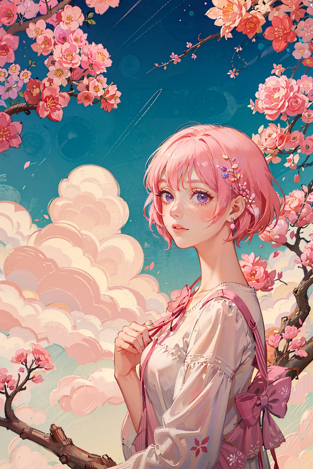 TT,flower,1girl,pink hair,pink flower,tree,ribbon,wide shot,leaf,cloud,red ribbon,gradient,cherry blossoms,gradient background,short hair,branch,