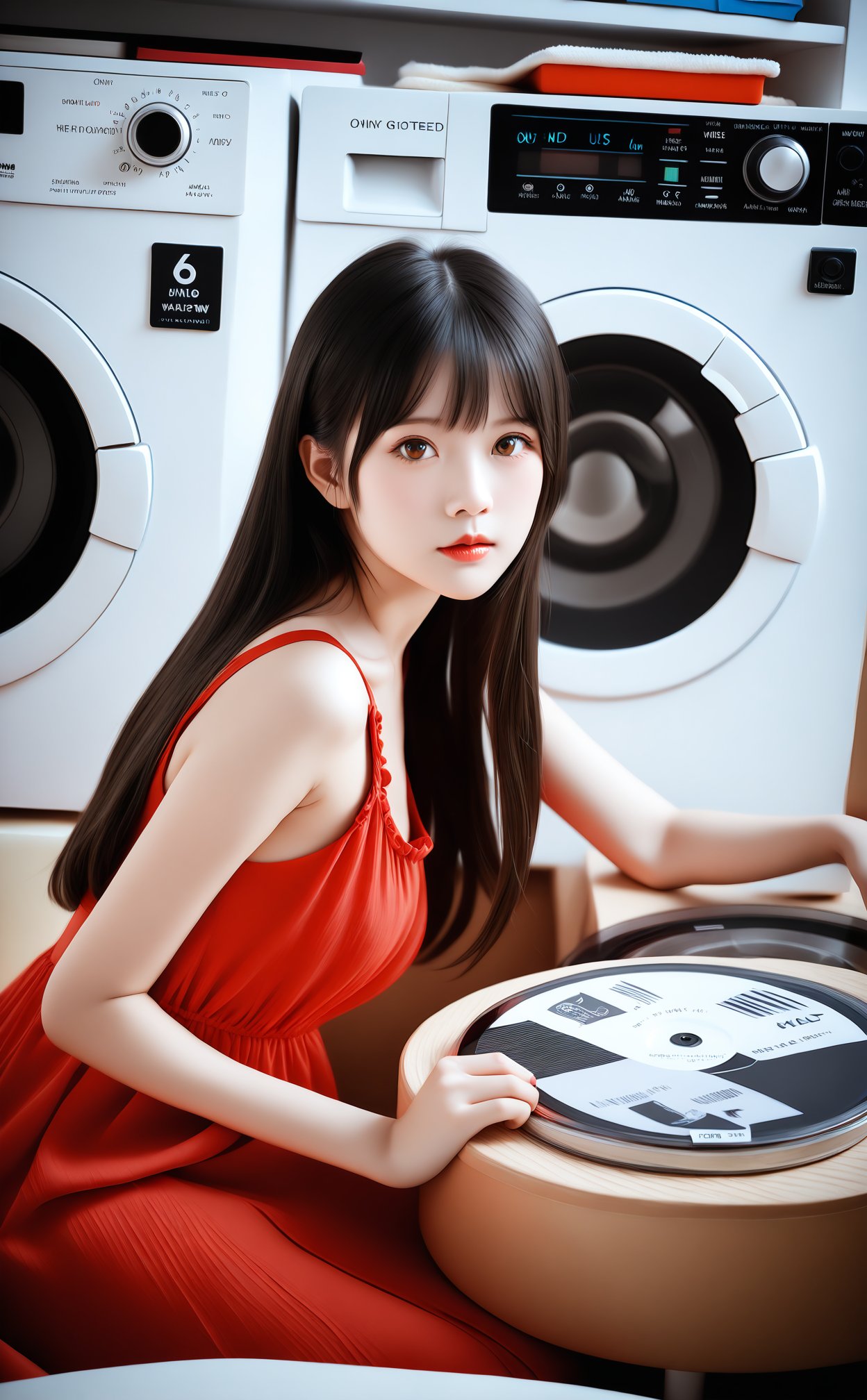 masterpiece,best quality,high quality,1girl,dress,red dress,solo,black hair,record,photorealistic,asian,looking at viewer,sitting,realistic,long hair,poster \(object\),red lips,washing machine,pillow,sleeveless,indoors,brown eyes,sleeveless dress,lips,bare shoulders,lipstick,closed mouth,cushion,