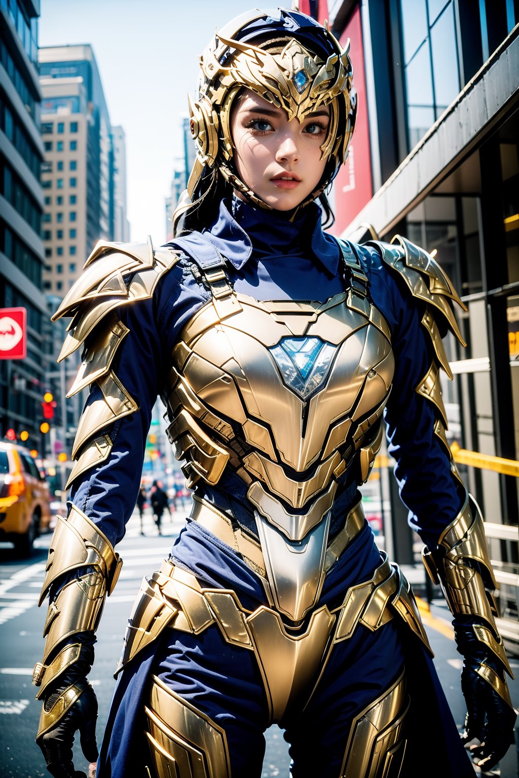 1girl,blue armor,outdoors,future street,flash