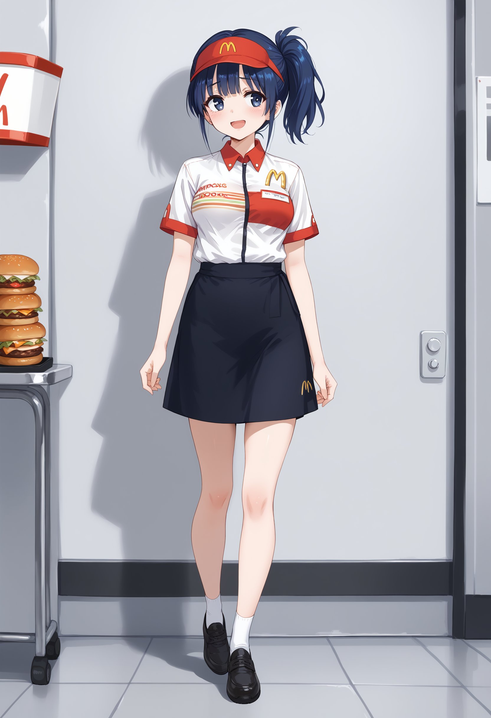 1girl, medium breasts,mac,employee uniform, fast food uniform, visor cap, short sleeves, clothes writing, <lora:Mac_Pony_v1:0.7>mcdonald's,from behind, full body, looking away, blue hair, white eyes,sad smile,  open mouth, multi-tied hair,,