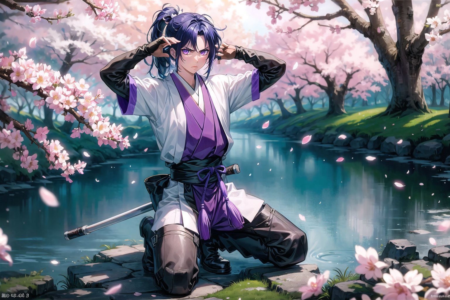 (masterpiece, best quality:1.3), 8k resolution, digital illustration, 3d, original, 2d, traditional media, cinematic, ultra-detailed portrait, hyperdetailed, (deep depth of field:1.3), y0rihisa, 1boy, bishounen, samurai, male focus, Japanese clothes, belt, fingerless gloves, cowboy shot, fighting stance, holding sword, planted sword, arm support, arms up, serious,sitting, full body, warrmth, boots, detailed face, focus, glaring, facing viewer, purple hair, purple eyes, hair intakes, high ponytail, looking at viewer, floating hair, fingerless gloves, dynamic posture, volumetric lighting, bloom, petals, cherry_blossoms, (extremely detailed), intricate details,y0rihisa<lora:EMS-179-EMS:0.200000>, <lora:EMS-91280-EMS:0.300000>, <lora:EMS-365546-EMS:0.800000>