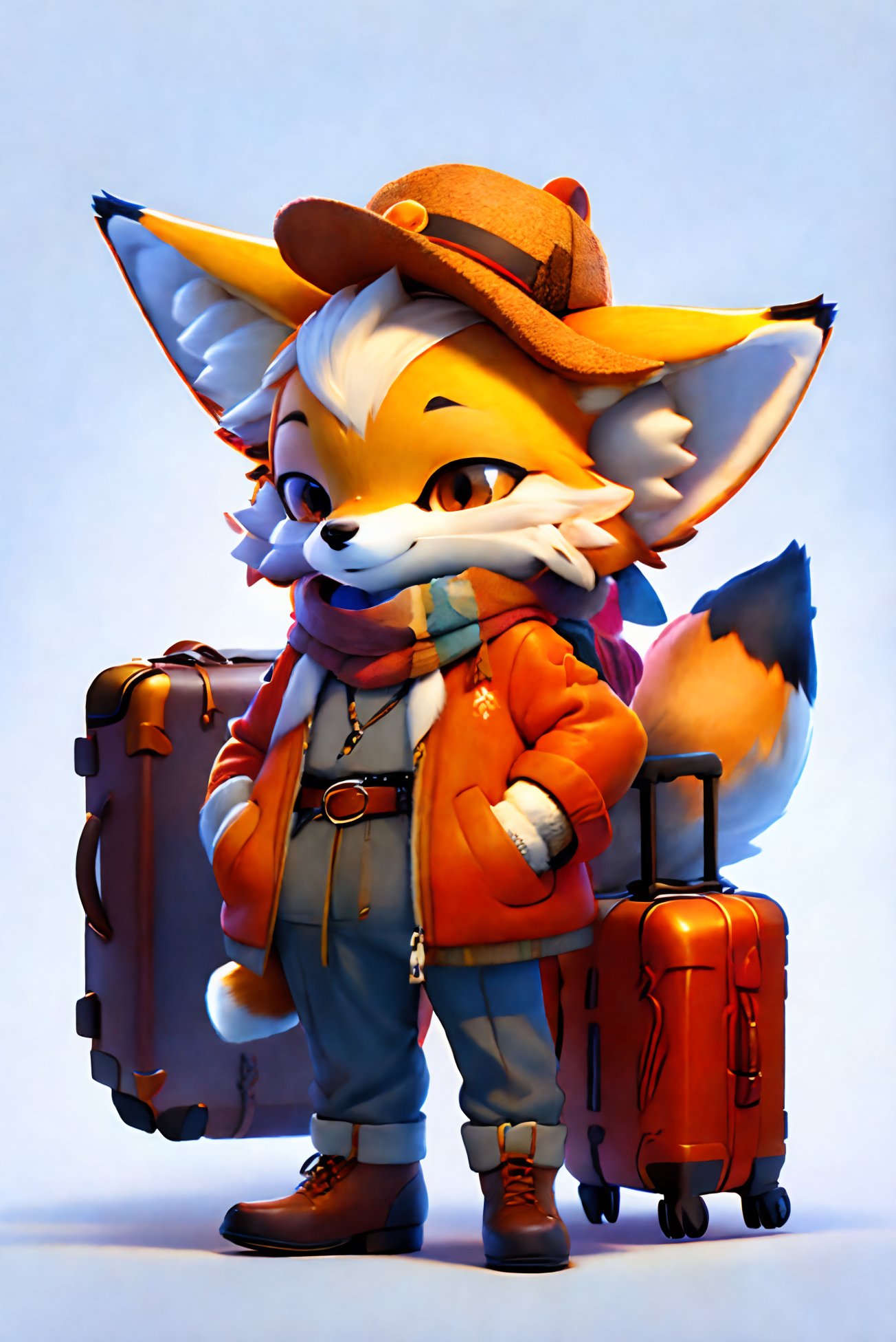 a drawing of a fox wearing a hat and coat with a suitcase in his hand and a scarf around his neck, white background, character design, Cliff Childs, furry art, lineart