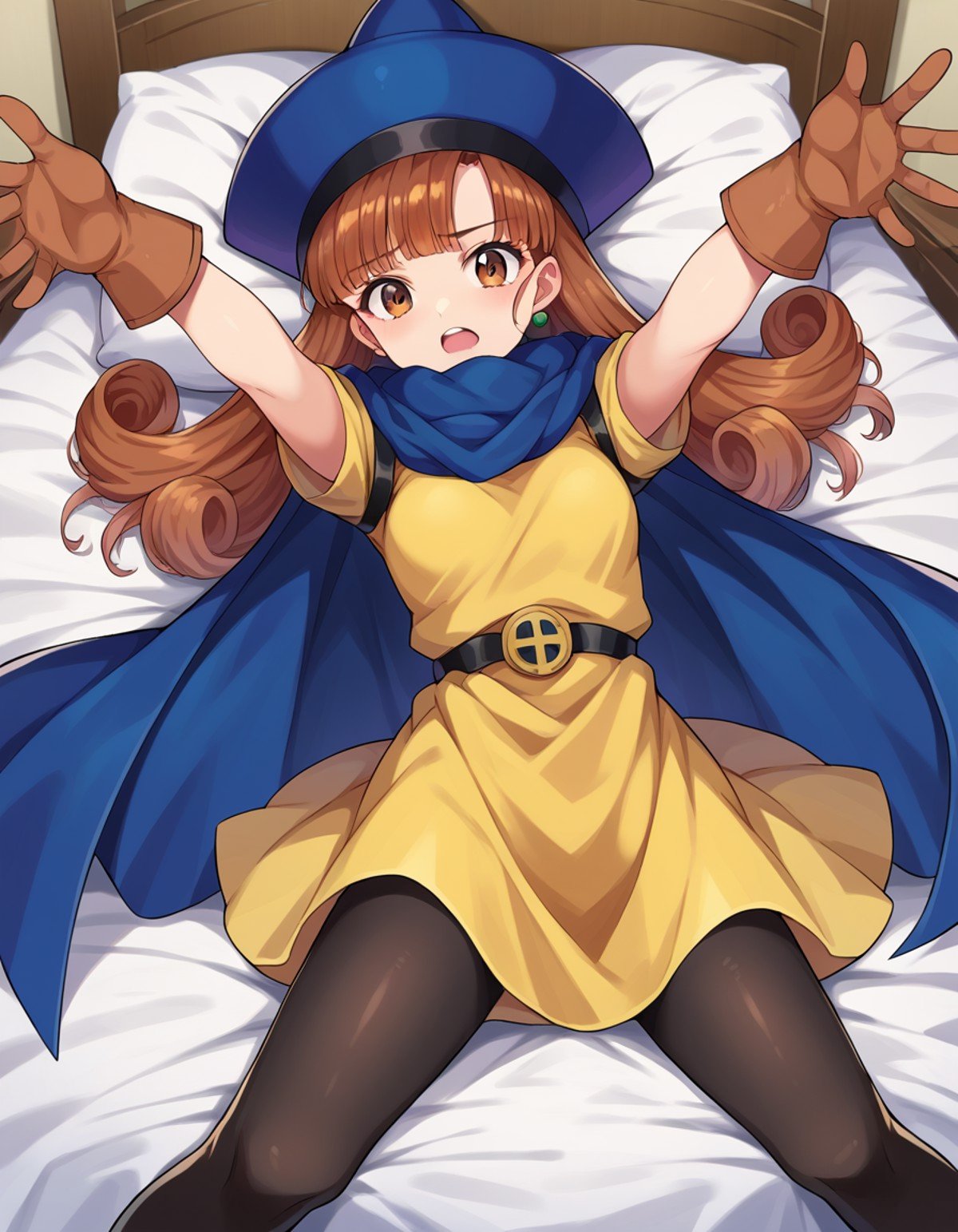 score_9, score_8_up, score_7_up, source_anime,dqalena, <lora:dq-alena-ponyxl-lora-nochekaiser:1>,alena, brown eyes, brown hair, curly hair, long hair,cape, dress, gloves, hat, pantyhose, yellow dress, scarf, short sleeves,indoors, bed, bed room, on back, arm support, arms up, incoming hug, pov, reaching, reaching towards viewer,looking at viewer, dutch angle, cowboy shot,