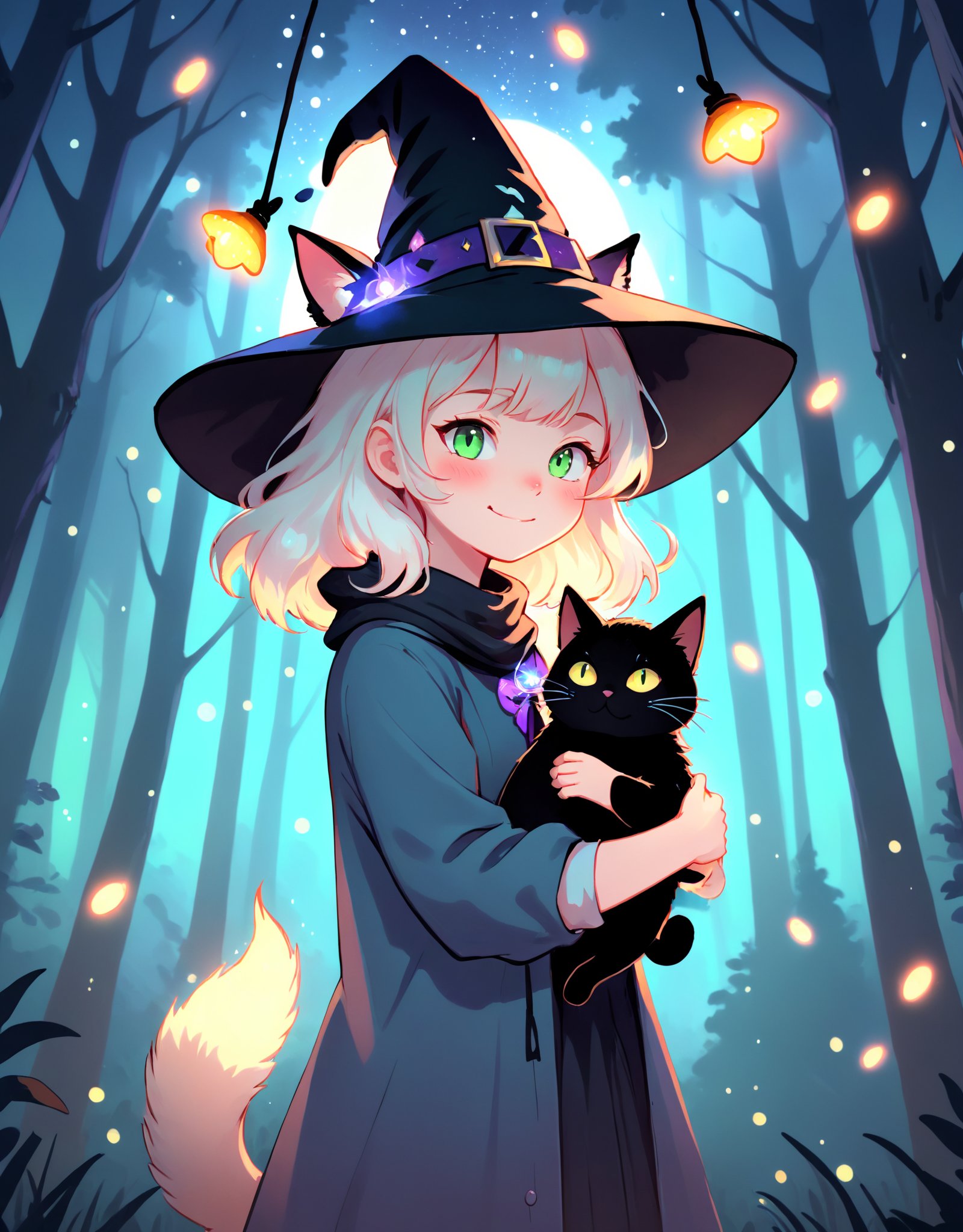 Illustration of a furry cat lady wearing a pointed witch hat, standing against a backdrop of a mystical forest with glowing fireflies, cradling a fluffy black cat in her arms as she gazes into the distance with an enigmatic smile.