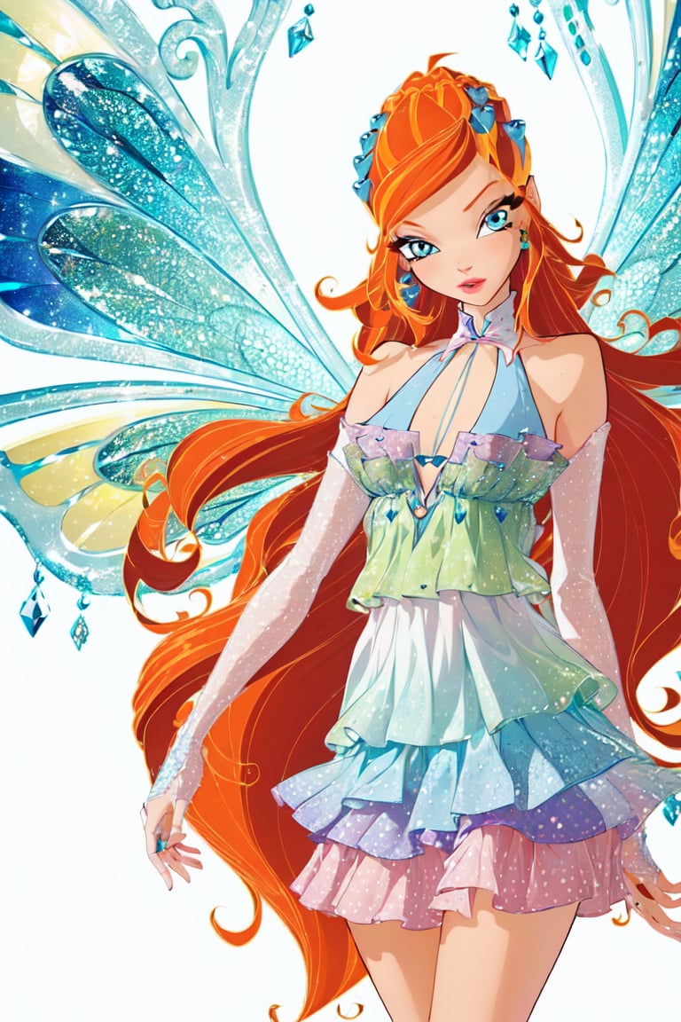 (Bloom:1.5), (blue gradient dress:1.2), fairy wings, orange hair, blue eyes, sparkling outfit, (white background, solid white background:1.5), (realistic:1.2), (masterpiece:1.2), (full-body-shot:1),(Cowboy-shot:1.2), neon lighting, dark romantic lighting, (highly detailed:1.2),(detailed face:1.2), (gradients), colorful, detailed eyes,, (natural lighting:1.2), solo  <lora:WinxClubEnchantixBloom-10:0.9> <lora:add_detail:0.3> <lora:BeautifulEyes:0.6> <lora:WinxComiss_Style-15:0.4>