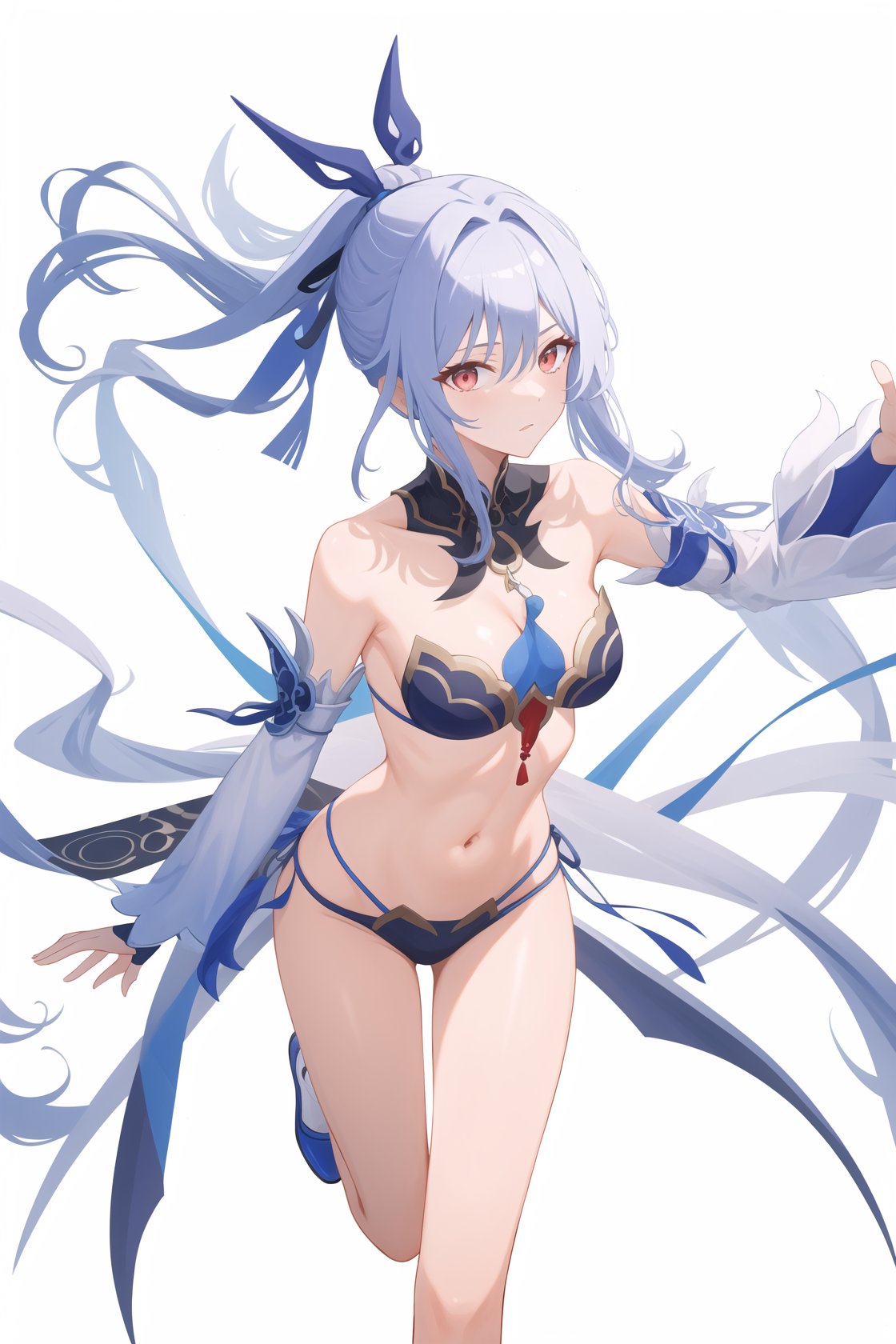 <lora:镜流v4:1:lbw=char>,jingliu,1girl,solo,bangs,bare shoulders,high quality,detached sleeves,cleavage,ponytail,bikini, (masterpiece,best quality:1.2),absurdres, high quality,