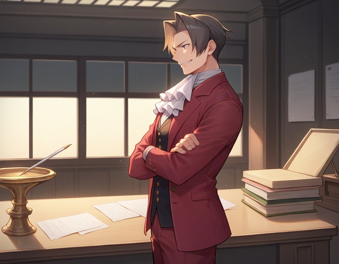 sscore_9, score_8_up, score_7_up, source_anime, miles edgeworth, 1boy, male focus, solo, looking ahead, from side, red jacket, red pants, white shirt, white ascot, open jacket, black vest, cowboy shot, table, crossed arms, paper, binder, indoors, courtroom, grin, closed mouth, <lora:miles_edgeworth_pony:1>