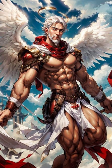 Photo of a man wearing cupid costume, (white hair), beard, wings, flying, halo, (white robe), armor, (surrounded by clouds), ethereal, (seductive smile:0.6), <lora:Clothing - Gay Cupid Costume:0.3>, red scarf, best quality, extremely detailed, intricate details, male focus