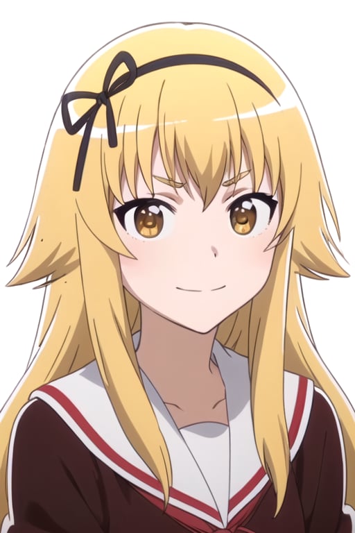 solo, 1girl, looking at viewer, 2D, anime, official style, anime coloring, anime screencap, upper body, (simple background, solid white background:1.3), <lora:konoha-mikakunin-01:0.8>, konoha suetsugi, school uniform, hair ribbon, black hairband, smirk