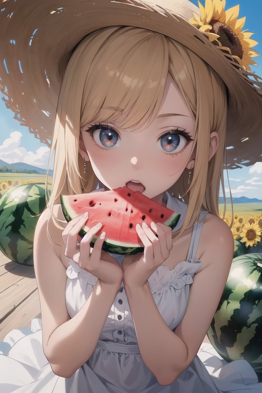 masterpiece, (best quality, ultra-detailed:1.6), (ultra high res:1.4),super fine (anime painting),(sharp focus), (insanely detailed:1.3),(detailed face:1.1),(perfect anatomy), delicate (cel animation),chibi, A childish littele girl sits surrounded with sunflowers., holdiing (a cut of watermelon:1.2) with her hands. She is wearing a white summer dress and a straw hat.,snapshot, sfw