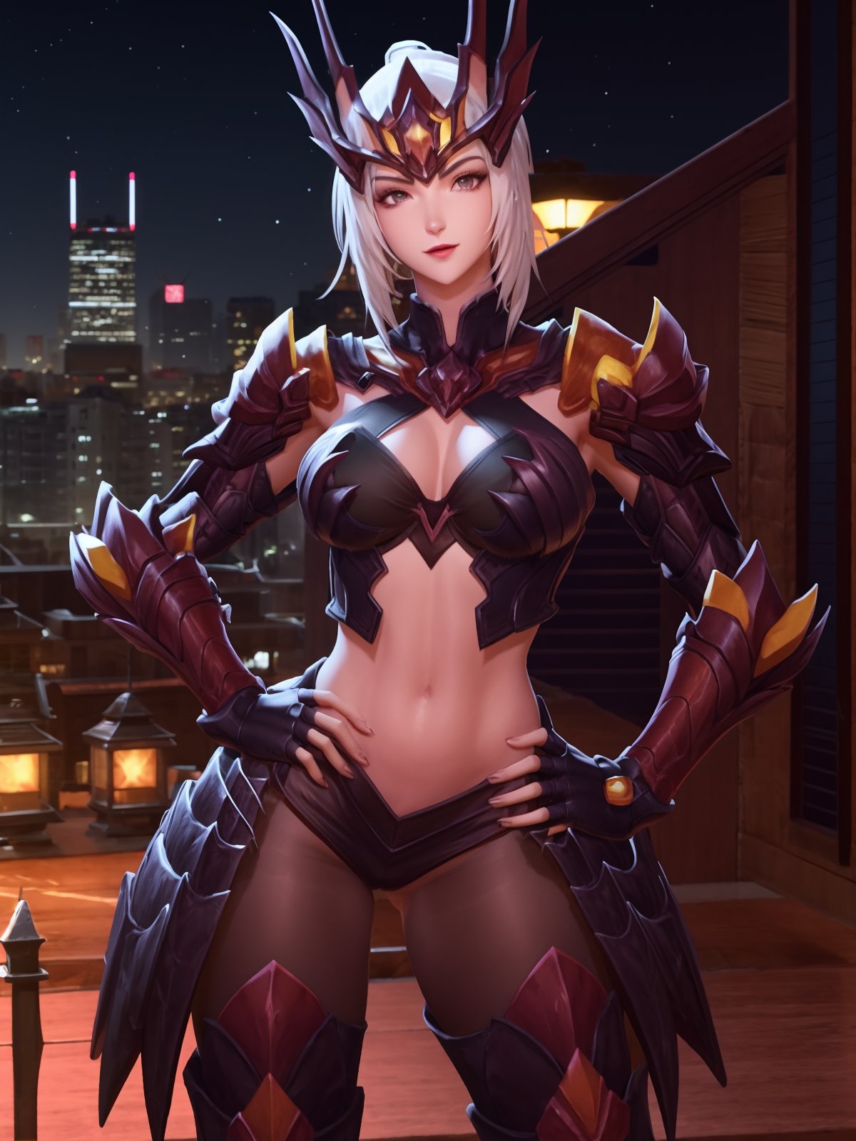 WZRYhuamulanSJLLZ, 1girl, solo, navel, breasts, armor, white hair, clothing cutout, looking at viewer, medium breasts, gauntlets, midriff, boots,hair ornament,  <lora:WZRYhuamulanSJLLZ:0.75>,cityscape, night, high ponytail, forehead protector, hand on hip, pantyhose, 