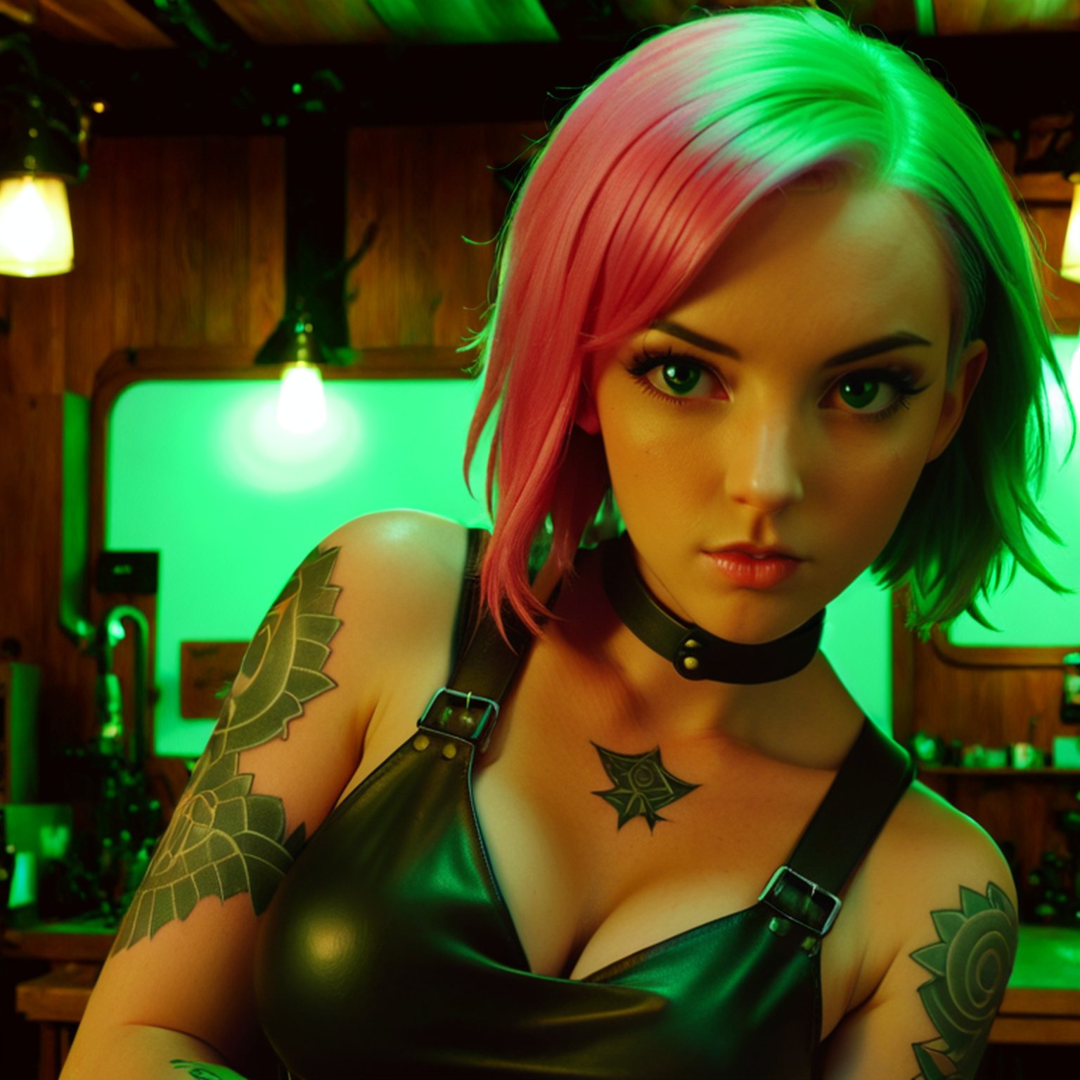 cinematic photo 1girl, pretty, eyes on camera, looking at viewer, prosthetic arms, pink hair, cleavage, blush, leather apron, focused, wooden room, tattoos, futurism, Dark green hue, highly dramatic lighting, scars, <lora:looking_at_viewer:1>, <lora:hand 4:1> . 35mm photograph, film, bokeh, professional, 4k, highly detailed