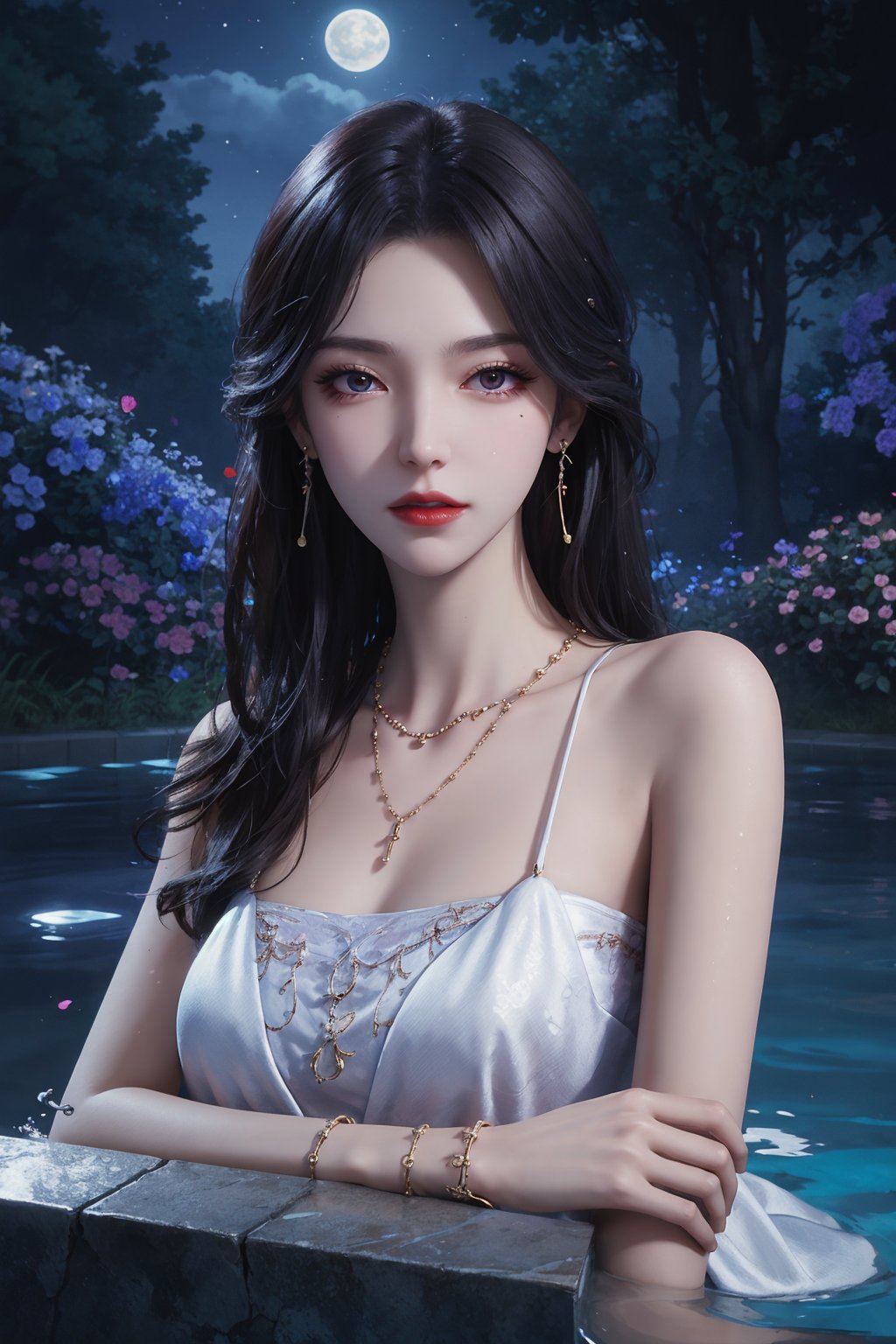 a girl, dress, jewelry, solo, long hair, bracelet,white dress, necklace, bare shoulders, long dress, breasts, flower, black hair, night, closed mouth, arms at sides,tree，moon，eye-shadow,(lying in water:1.0), red lips, outdoors, looking at viewer, earrings, necklace, day,in the pool，roses，sky，blue sky，cloud，flowers，upper body，ultra-detailed, highres, extremely detailed,best quality ,masterpiece, illustration, extremely delicate and beautiful,CG ,unity ,8k wallpaper,Amazing, finely detail,official art, <lora:dingdang-yueyeyuyi:0.55>