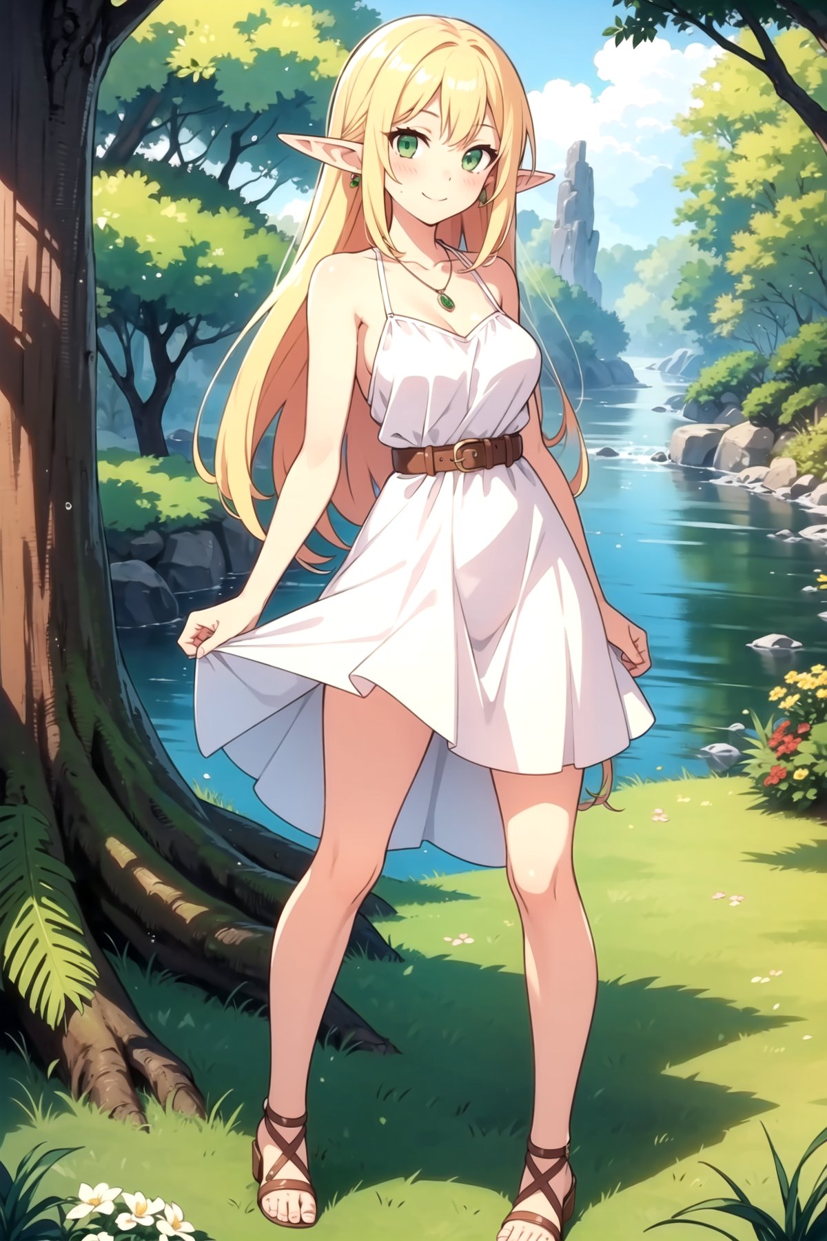 1girl, pointy ears, elf, solo, green eyes, blonde hair, long hair, outdoors, dress, smile, looking at viewer, tree, white dress, sandals, breasts, nature, bare shoulders, full body, water, standing, belt, day, jewelry, forest, closed mouth, bangs, short dress, river, medium breasts, blush, necklace, toes, bare legs, bare arms, grass, collarbone