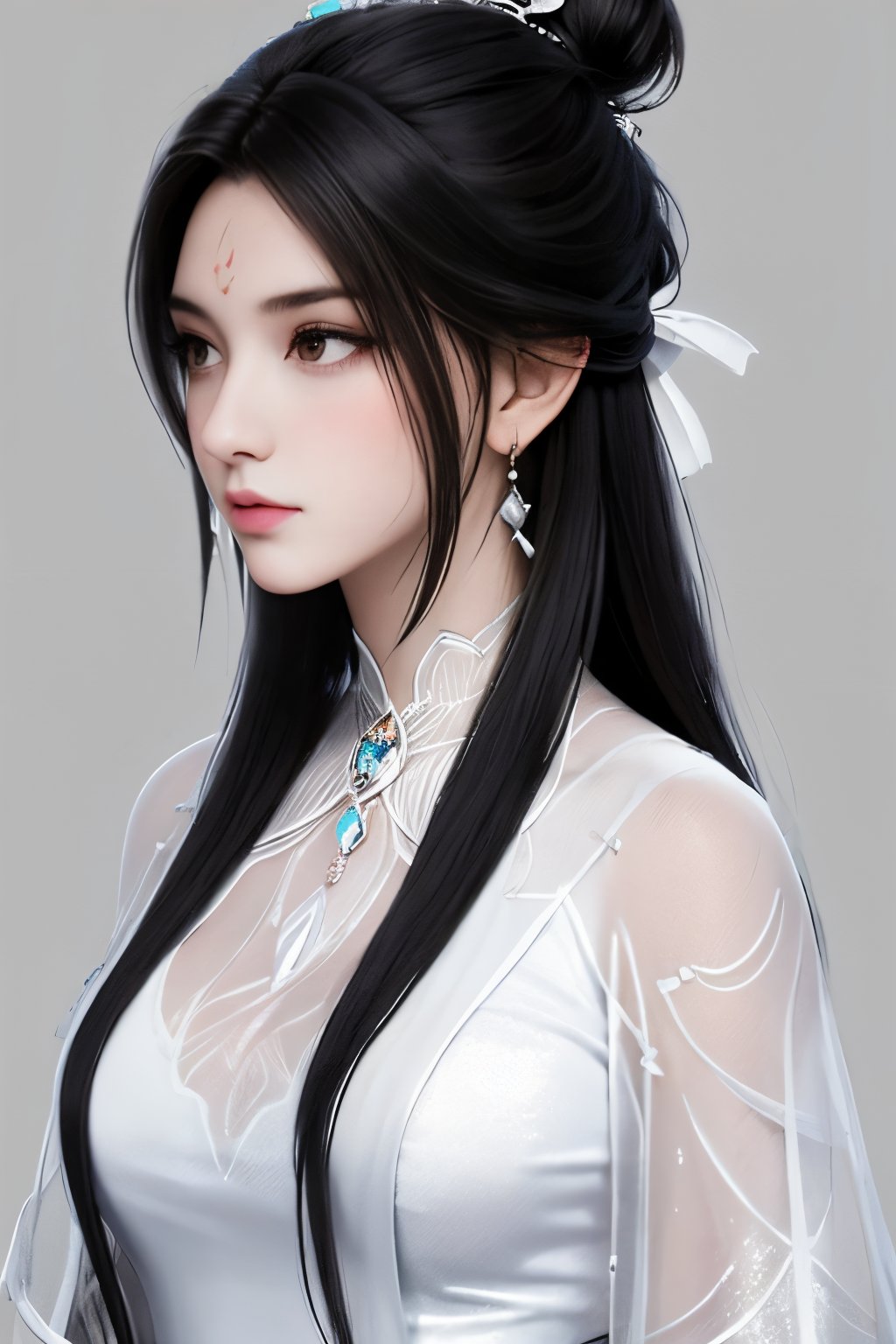 1girl,portrait,simple background,black hair,hair ornament,dress,jewelry,closed mouth,earrings,grey background,white dress,looking to the side,single hair bun,forehead mark,realistic,catfish bangs,hair down to chest,very long hair,<lora:lbc_luxueqi_240331_v1.1-000009:0.9>,