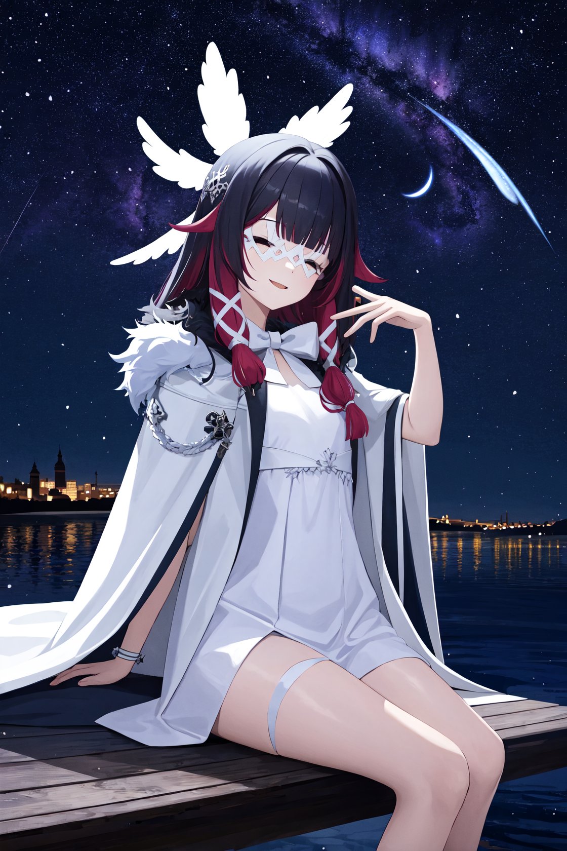 <lora:少女v2-000010:1>,shaonv,1girl,solo,white mask,head wings,fur-trimmed coat,smile,white coat,white bow,white dress,white ribbon,aurora,city lights,cloud,crescent moon,fireflies,horizon,light particles,milky way,moon,night,night sky,shore,sitting,sky,skyline,snowing,space,star \(sky\),starry background,starry sky,twilight,water,, (masterpiece,best quality,high quality:1.2),absurdres,