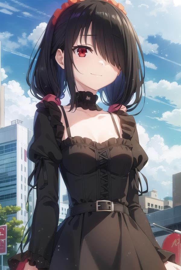 kurumitokisaki, <lora:kurumi tokisaki s2-lora-nochekaiser:1>,kurumi tokisaki casual, (tokisaki kurumi:1.2), long hair, black hair, (red eyes:1.3), long sleeves, dress, pantyhose, (hair over one eye:1.5), (black dress:1.5), black pantyhose, (puffy sleeves:1.5), choker, collarbone, skirt, black skirt, flowers, hair flowers, purple flowers, twintails, low twintails, smile,BREAK ,BREAK outdoors, city, building, sky, sun, clouds, people, crowd,BREAK looking at viewer, (cowboy shot:1.5),BREAK <lyco:GoodHands-beta2:1>, (masterpiece:1.2), best quality, high resolution, unity 8k wallpaper, (illustration:0.8), (beautiful detailed eyes:1.6), extremely detailed face, perfect lighting, extremely detailed CG, (perfect hands, perfect anatomy),