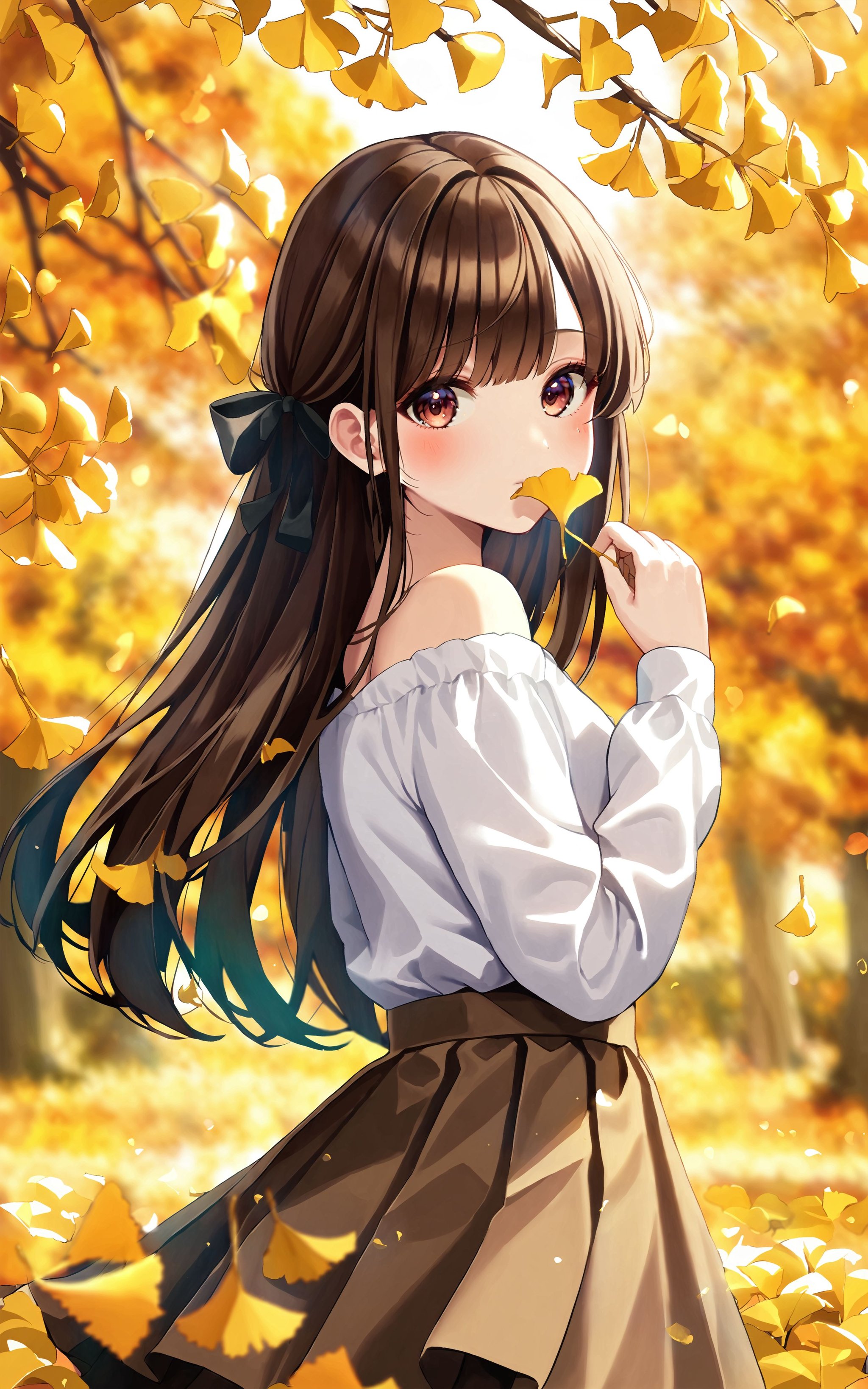 1girl, solo, holding leaf, long hair, ginkgo leaf, brown eyes, skirt, looking at viewer, holding, ribbon, long sleeves, shirt, hair ribbon, leaf, blurry, bangs, brown skirt, off shoulder, blurry background, black ribbon, brown hair, blush, depth of field, white shirt, hand up, autumn leaves, black shirt <lora:XLTEST 06:0.75>