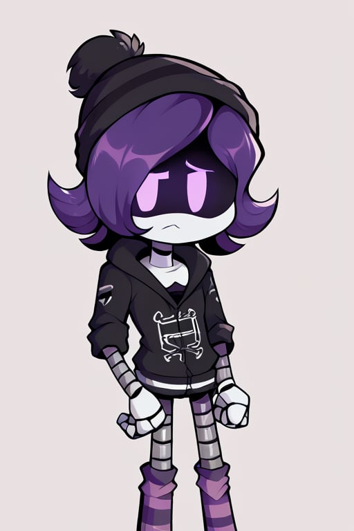 2D, score_9, score_8_up, score_7_up, BREAK, 1girl, solo,Uzi, Purple Hair, Purple Eyes, Robot, Visor, Black Hoodie, Beanie, Striped Socks<lora:EMS-470427-EMS:1.000000>