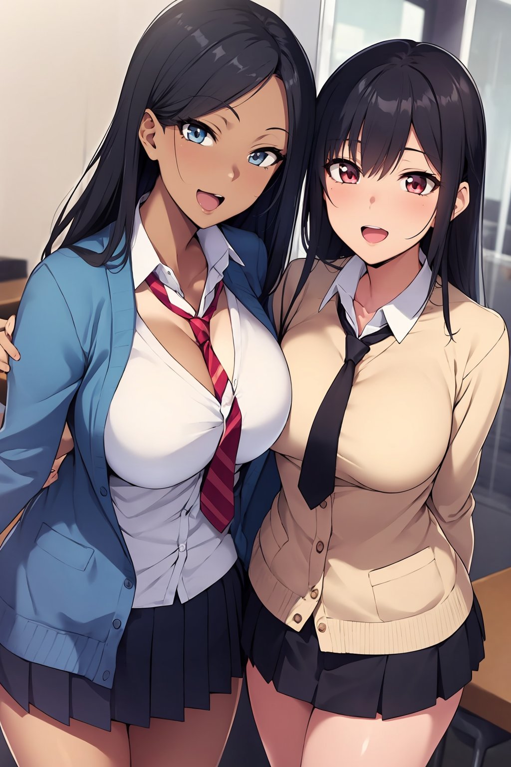 anime image of two women in business attire standing next to each other, breasts, smile, open mouth, multiple girls, skirt, large breasts, shirt, black hair, 2girls, cleavage, school uniform, collarbone, white shirt, :d, pleated skirt, necktie, dark skin, dark-skinned female, blue skirt, cardigan, red necktie, breast press, head out of frame