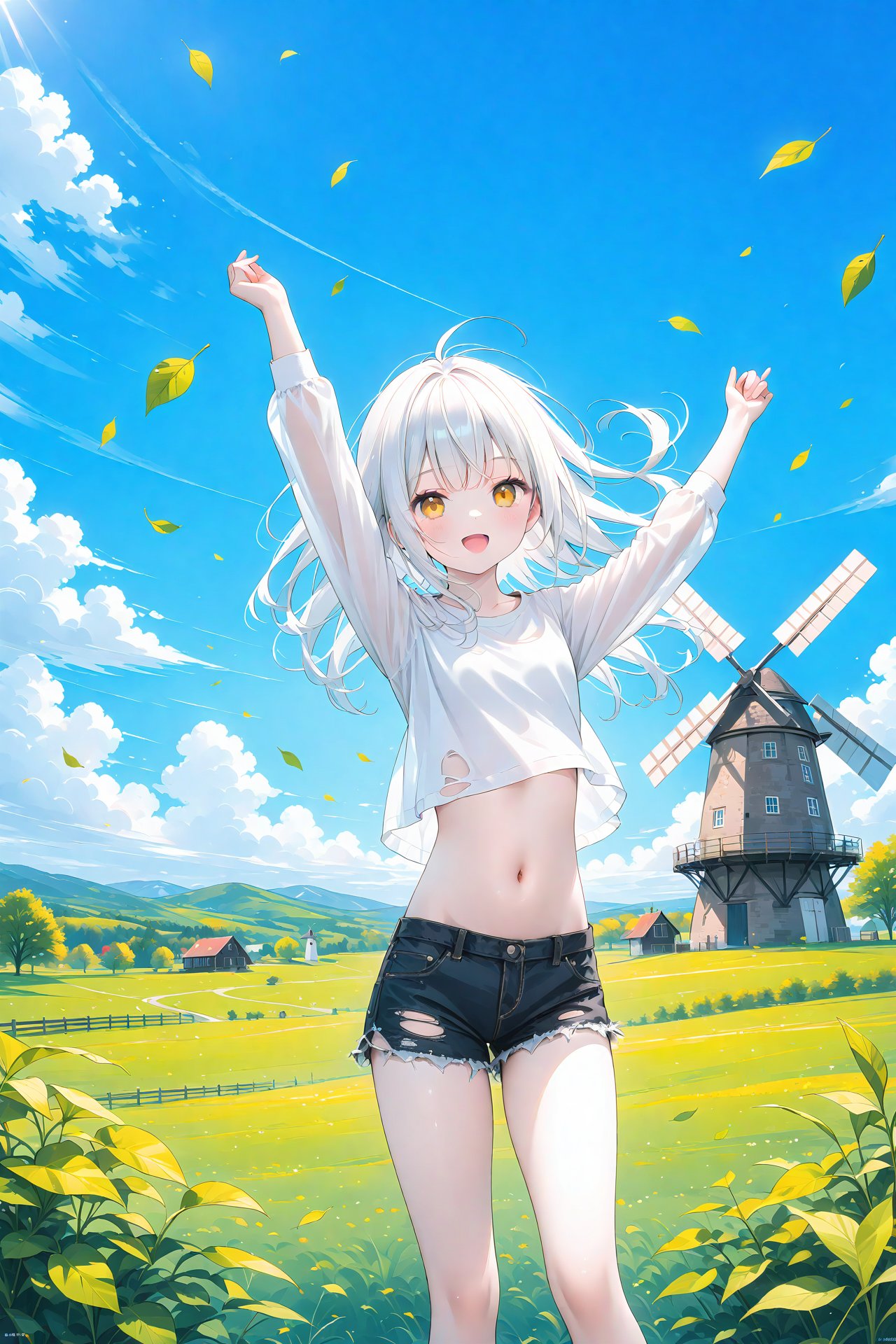 masterpiece,best quality,high quality,(colorful),1girl,solo,outdoors,shorts,sky,long hair,cloud,navel,falling leaves,cutoffs,arms up,crop top,smile,grass,windmill,midriff,day,black shorts,long sleeves,floating hair,stomach,wind,blue sky,standing,open mouth,shirt,short shorts,denim,white hair,white shirt,yellow eyes,:d,torn shorts,feet out of frame,looking at viewer,denim shorts,leaf,thighs,