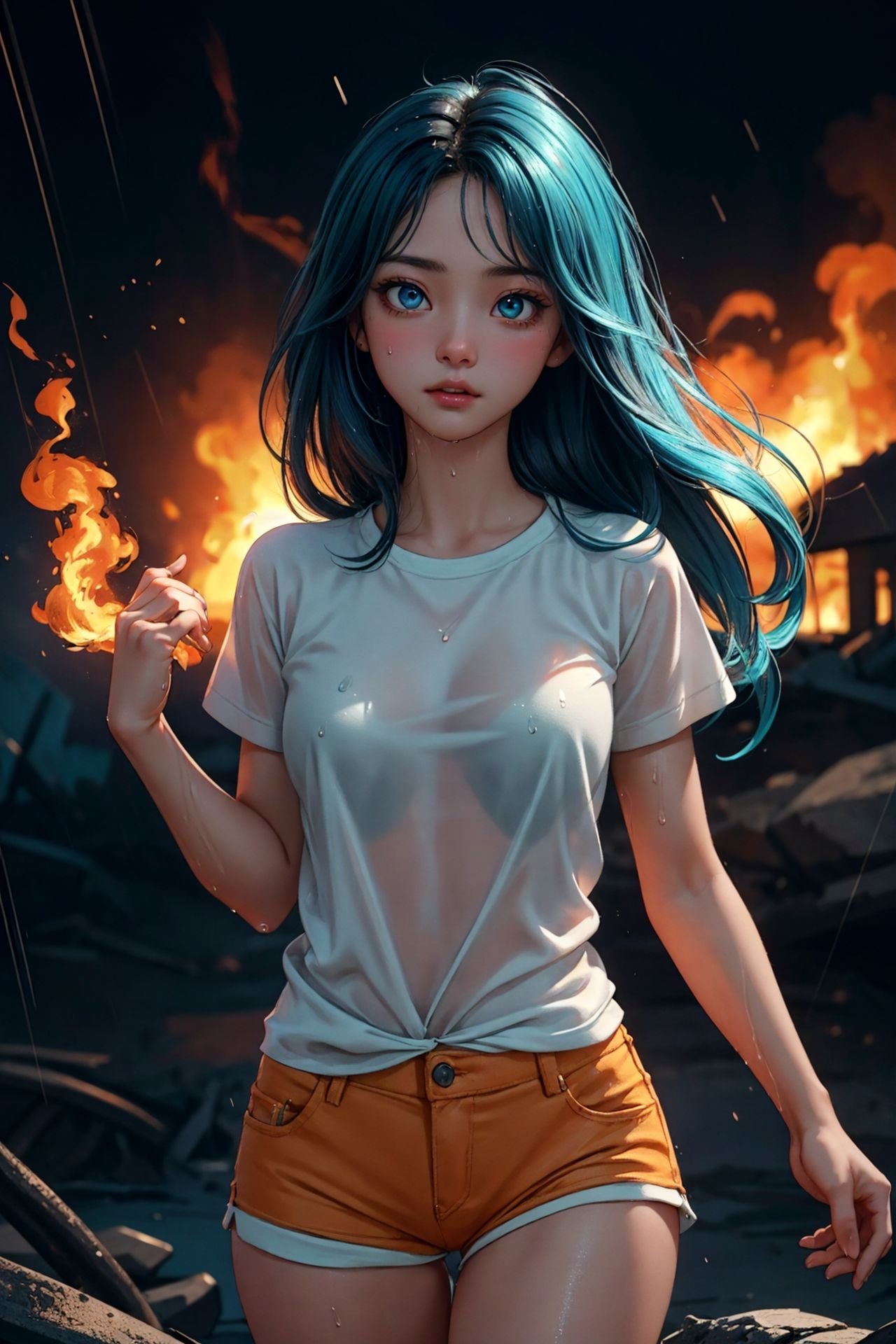 1girl, masterpiece, perfect body and face, a medium shot photo of a demonic sorceress conjuring fire in a burning and destroyed gotham, protruding bones, detailed eyes, in a (T-shirt) wet from the (radioactive rain), woman with long hairs and detailed alluring eyes Thigh gap long sexy legs wearing tiny shorts mist, all wet, raining and burning, best quality detailed, 8k, HDR, shallow depth of field, broad light, high contrast, backlighting, bloom, light sparkles, flares, chromatic aberration, sharp focus, vivid color photo, modelshoot style, cinematic pallet, cyan and orangepallet