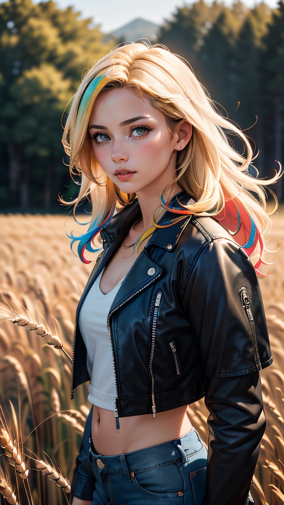 (best quality, masterpiece, colorful, highest detailed) upper body photo, fashion photography of cute (Belén Rodríguez), long, straight hair, (light smile:0.3), wearing leather jacket and ripped jeans, wheat field, picturesque, rural background, upper body shot,sharp, colorful, ultra realistic,  cinematic, blue and yellow:0.85), dim colors,