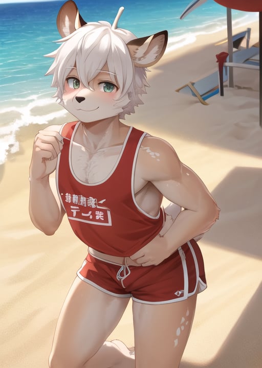 solo,kemono deer, short white hair, tank top, shorts, shirt, smirk, lifeguard, extreme detail, masterpiece, hi res, high detail, detailed eyes, detailed hands, full body picture, beach background