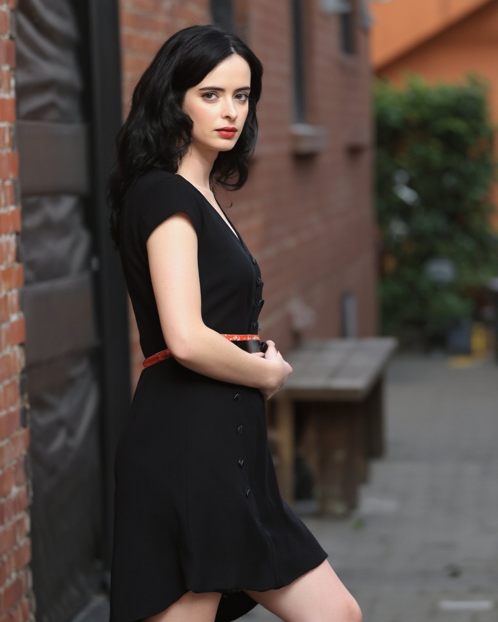 A portrait of krysten_ritter standing outdoors against a brick building. She wears a black dress with a red trim around the waist and a buttoned front. Her hair is styled in loose waves, and she has a neutral expression. The setting is a cobblestone street with a wooden bench in the background. Soft lighting casts a warm glow on the scene. The image style is candid, capturing a moment of stillness and contemplation.