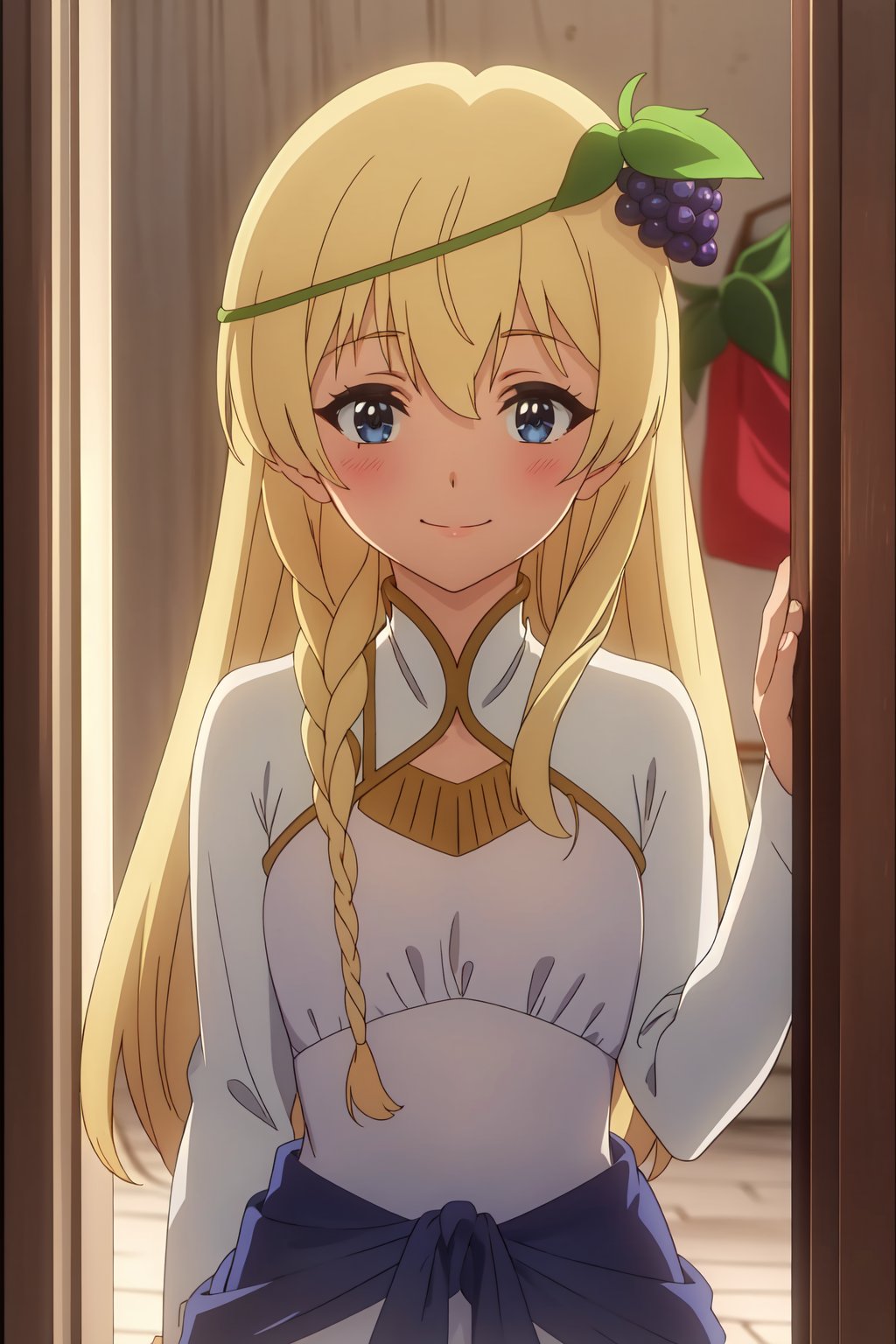 Iris, 8k, high resolution, very high resolution, high definition, masterpiece, 1girl, solo, long hair, looking at viewer, blush, smile, blue eyes, blonde hair, hair ornament, long sleeves, dress, closed mouth, upper body, braid, food, white dress, fruit, food-themed hair ornament, grapes, peeking out<lora:EMS-415403-EMS:0.800000>